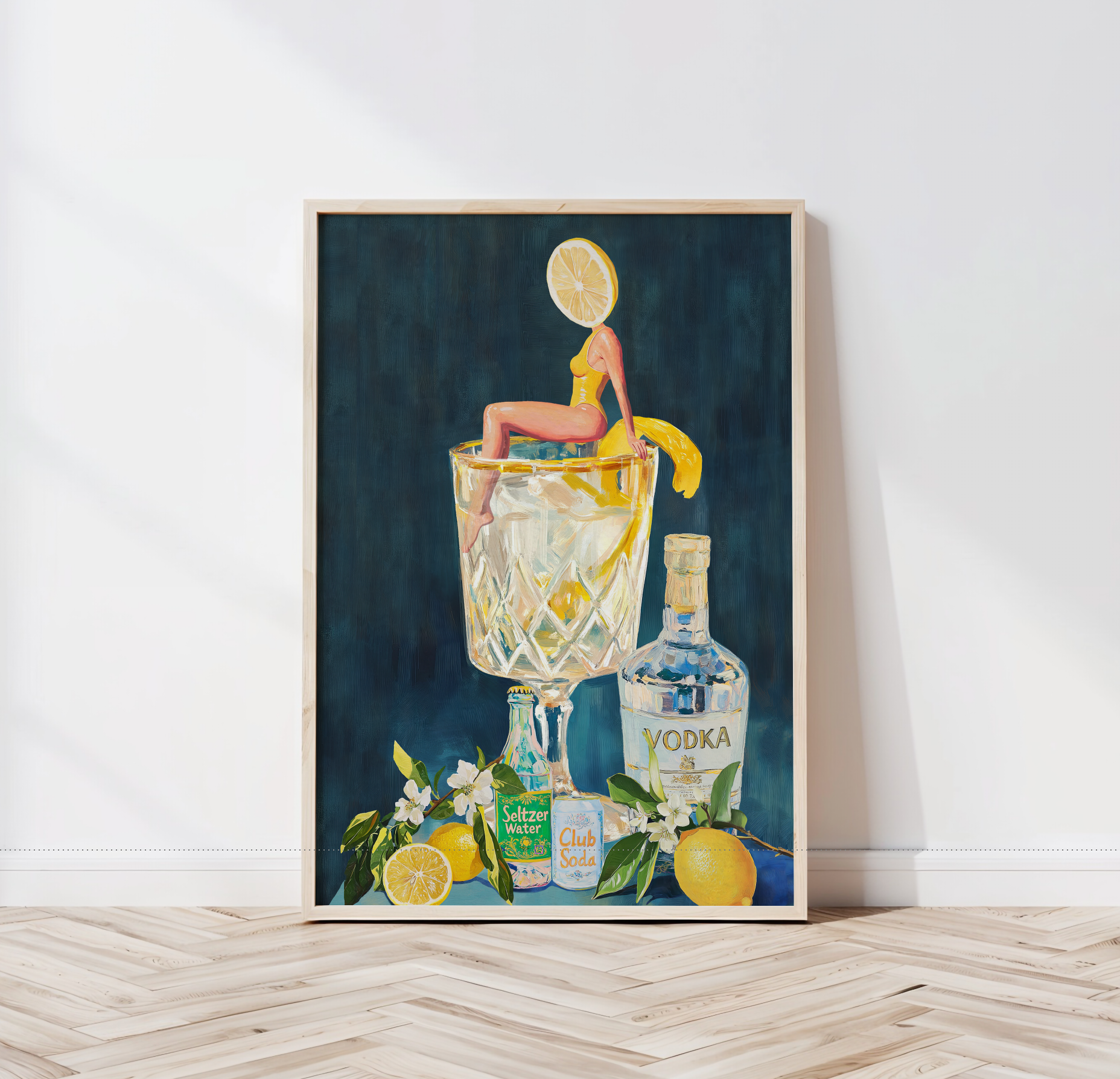 Lemon Vodka Seltzer Art Print: Refreshing Cocktail Wall Poster for Bar Cart & Kitchen Decor