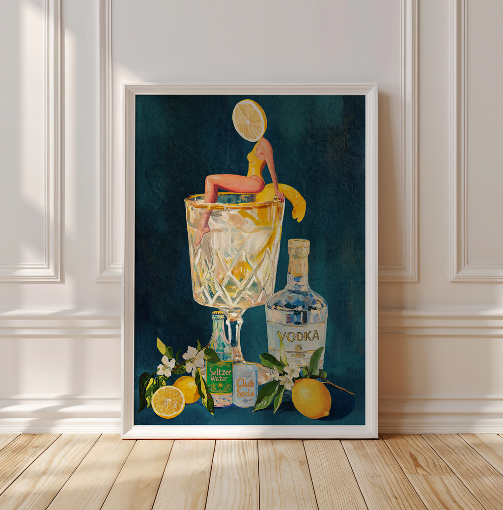 Lemon Vodka Seltzer Art Print: Refreshing Cocktail Wall Poster for Bar Cart & Kitchen Decor
