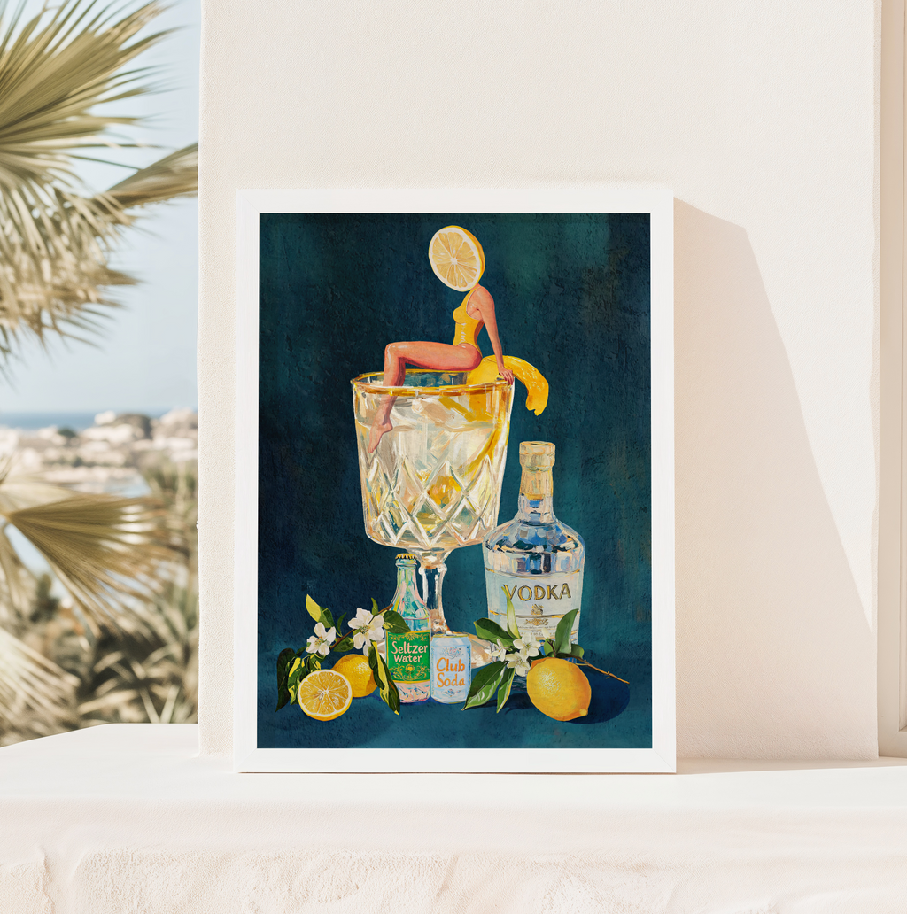 Lemon Vodka Seltzer Art Print: Refreshing Cocktail Wall Poster for Bar Cart & Kitchen Decor