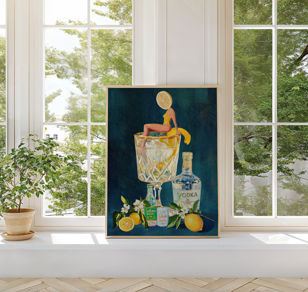 Lemon Vodka Seltzer Art Print: Refreshing Cocktail Wall Poster for Bar Cart & Kitchen Decor