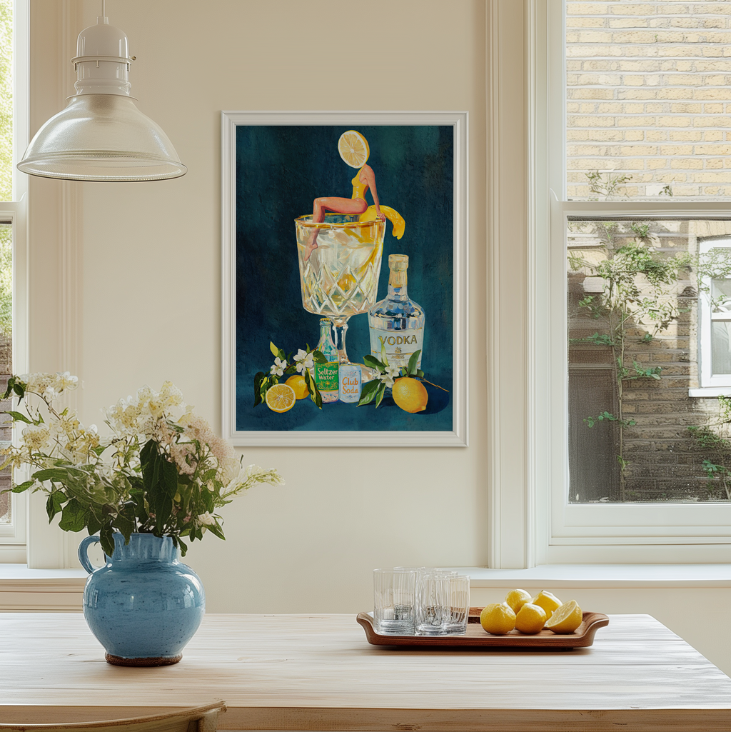 Lemon Vodka Seltzer Art Print: Refreshing Cocktail Wall Poster for Bar Cart & Kitchen Decor