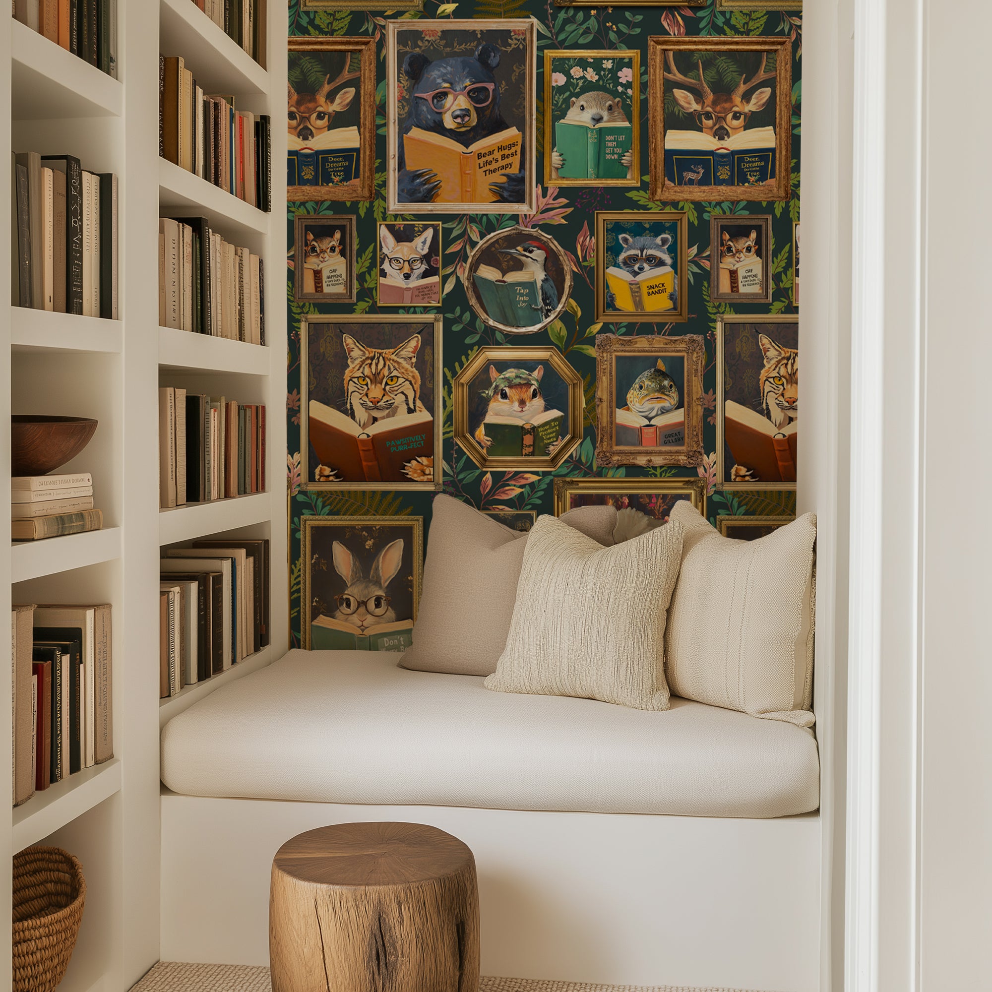 Whimsical Animals Reading Wallpaper - Cabin In the Woods Version - Green