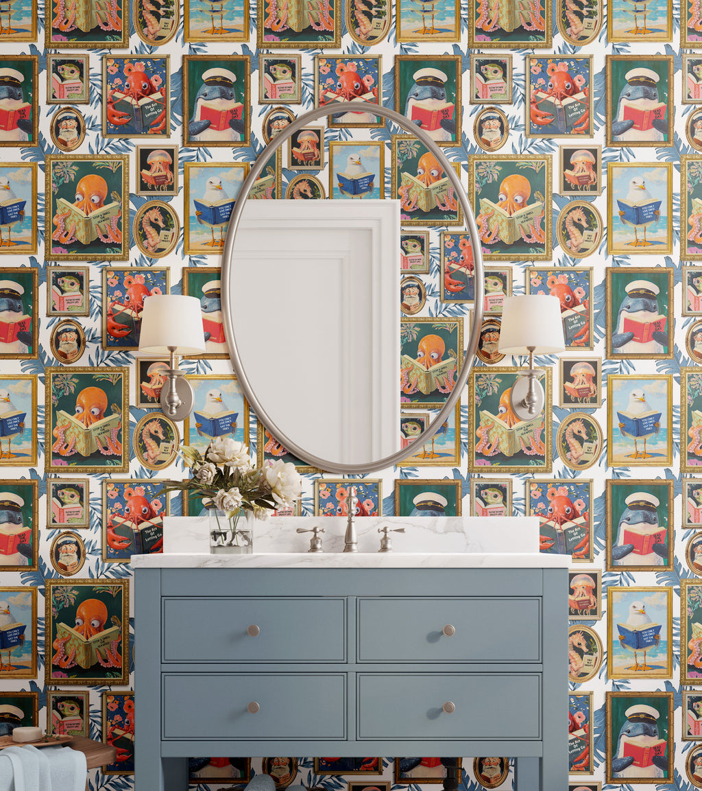 Whimsical Animals Reading Wallpaper - Coastal Beach House Version