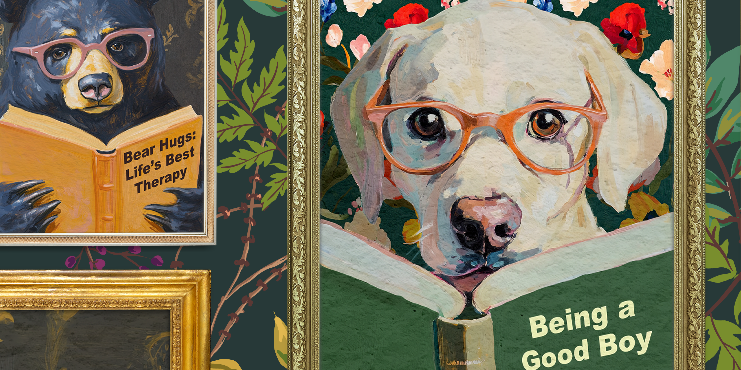 Whimsical Animals Reading Wallpaper - Cabin Florals Green