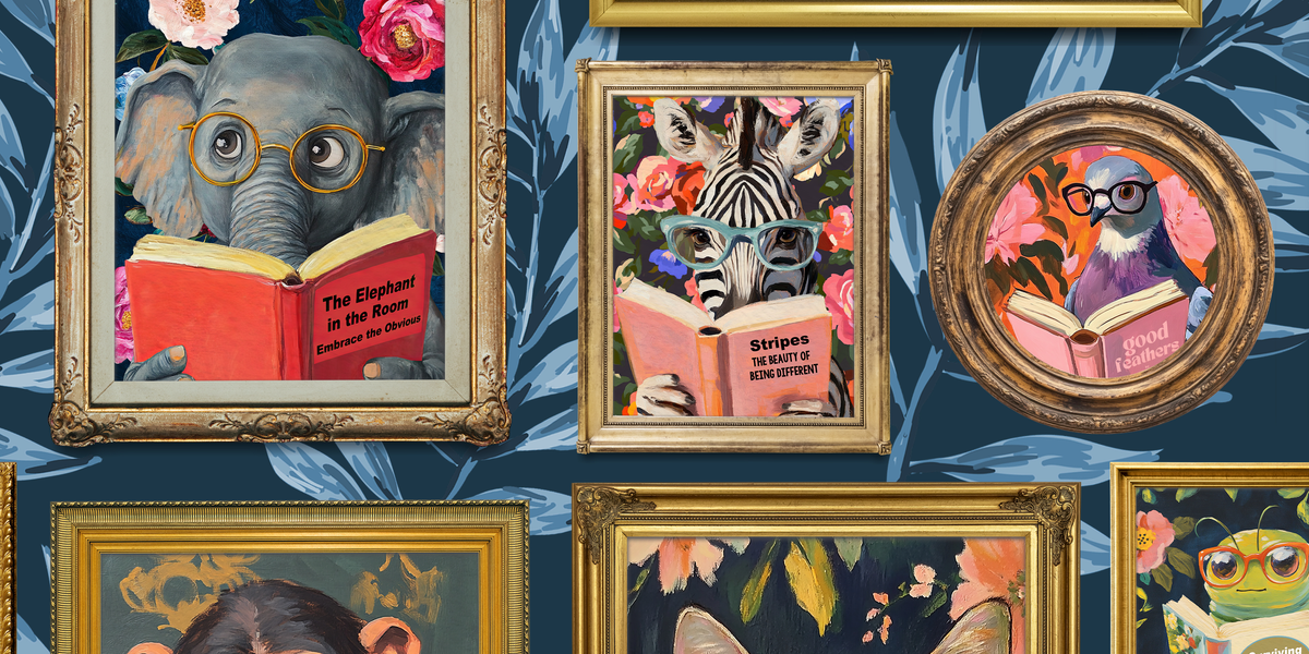 Whimsical Animals Reading Wallpaper - Version 2 - Navy Blue Tropical Leaves