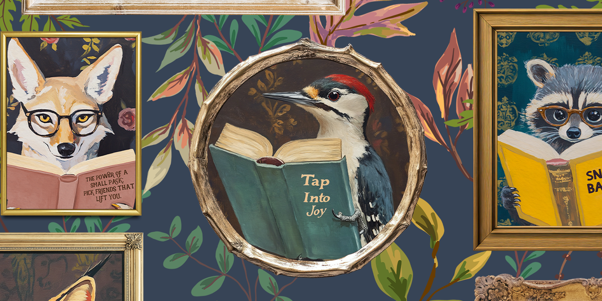 Whimsical Animals Reading Wallpaper - Cabin In the Woods Version - Navy