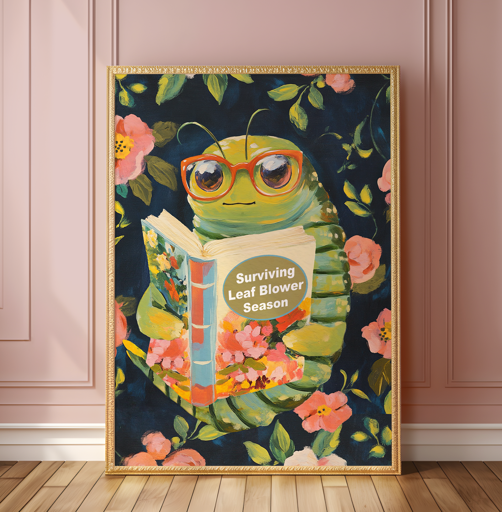 Whimsical Bookworm Art Print: Leaf Blower Season Poster for Introverts, Cozy Readers, and Book Lovers
