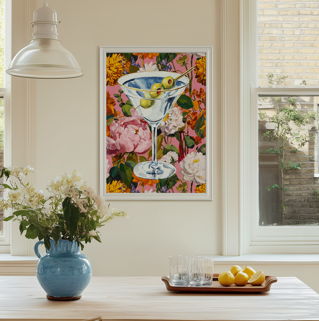 Elegant Floral Dirty Martini Art Print: Feminine Bar Cart Decor, Cocktail Illustration Poster