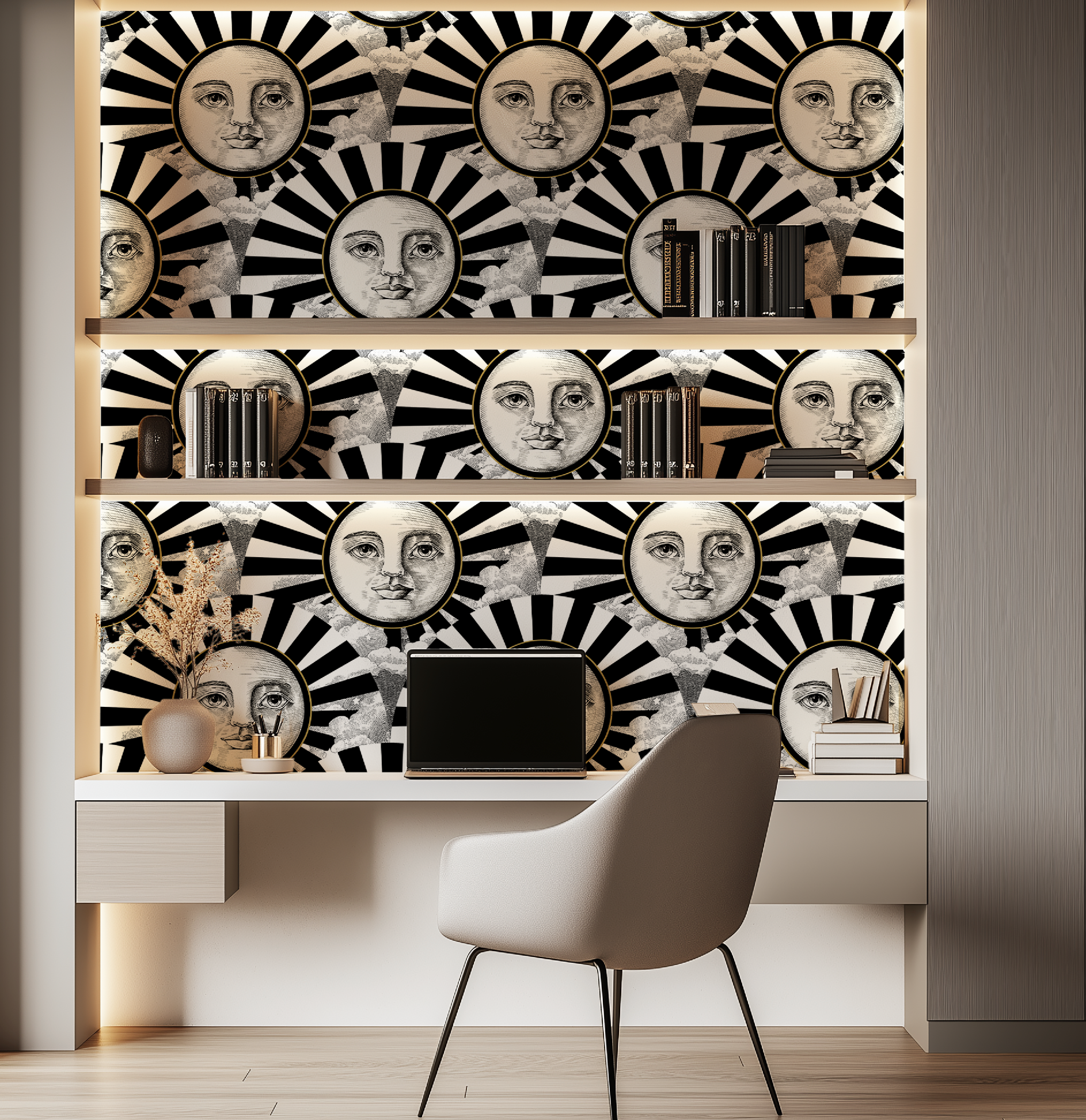 Vintage Black, White & Gold Sunshine Wallpaper - Retro Modern Bold Accent Wall Decor