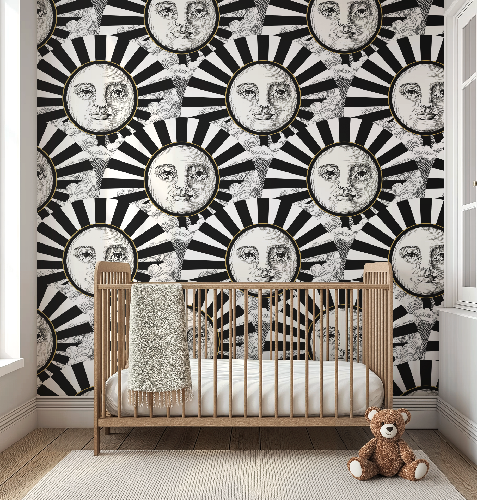 Vintage Black, White & Gold Sunshine Wallpaper - Retro Modern Bold Accent Wall Decor