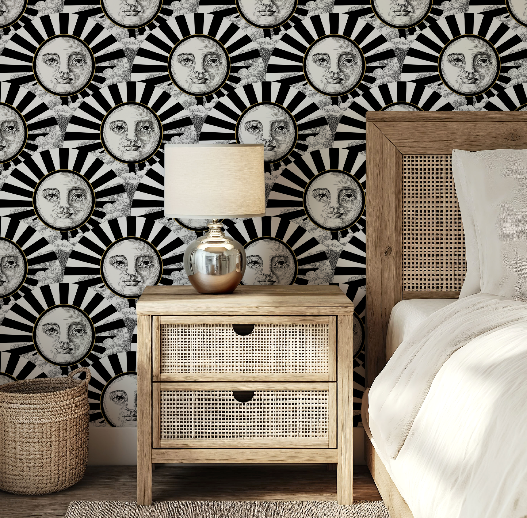 Vintage Black, White & Gold Sunshine Wallpaper - Retro Modern Bold Accent Wall Decor