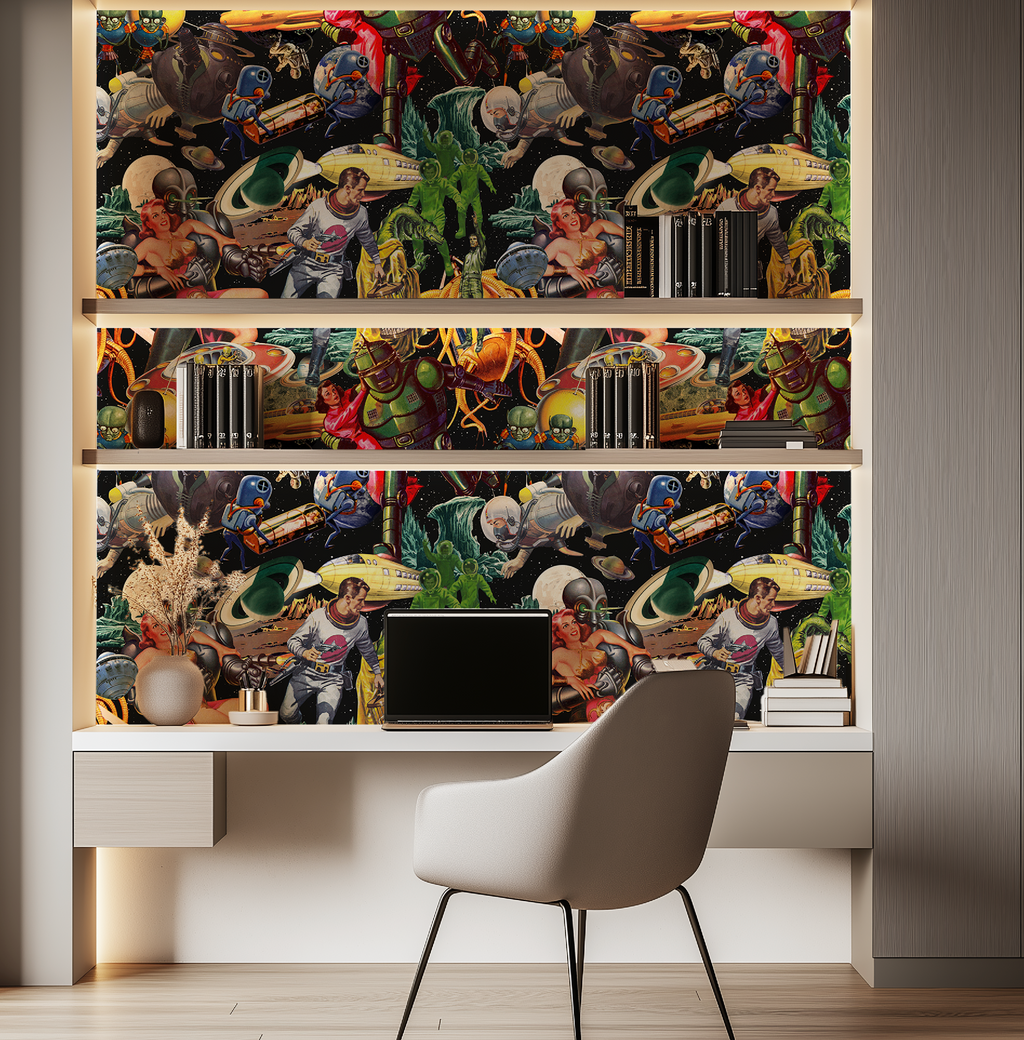 Vintage Space-Themed Mid-Century Wallpaper