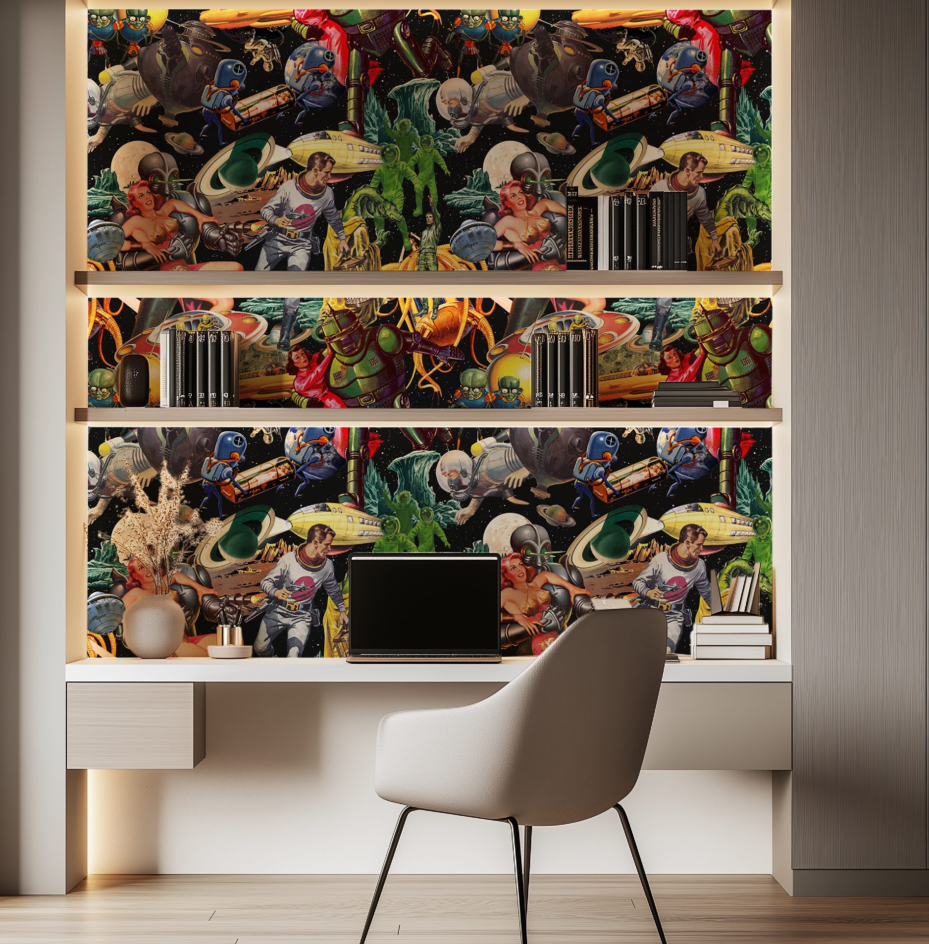 Vintage Space-Themed Mid-Century Wallpaper