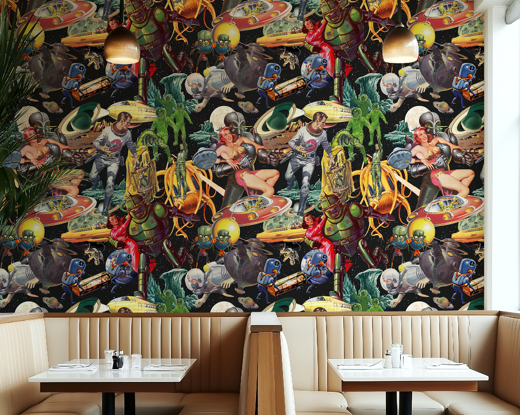 Vintage Space-Themed Mid-Century Wallpaper