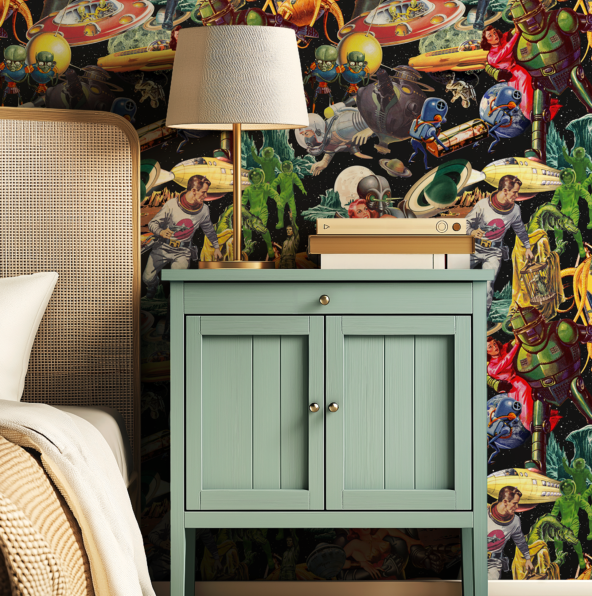 Vintage Space-Themed Mid-Century Wallpaper