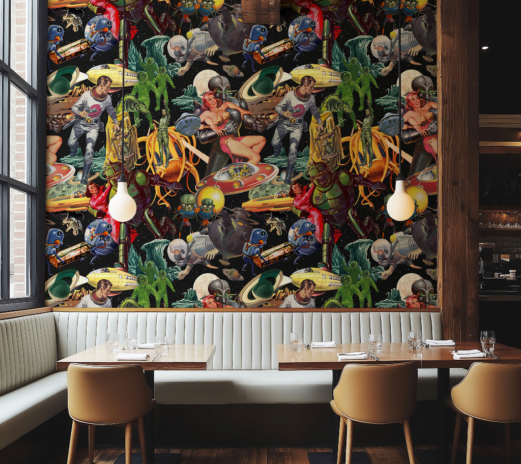 Vintage Space-Themed Mid-Century Wallpaper