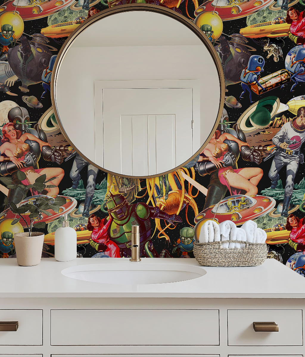 Vintage Space-Themed Mid-Century Wallpaper
