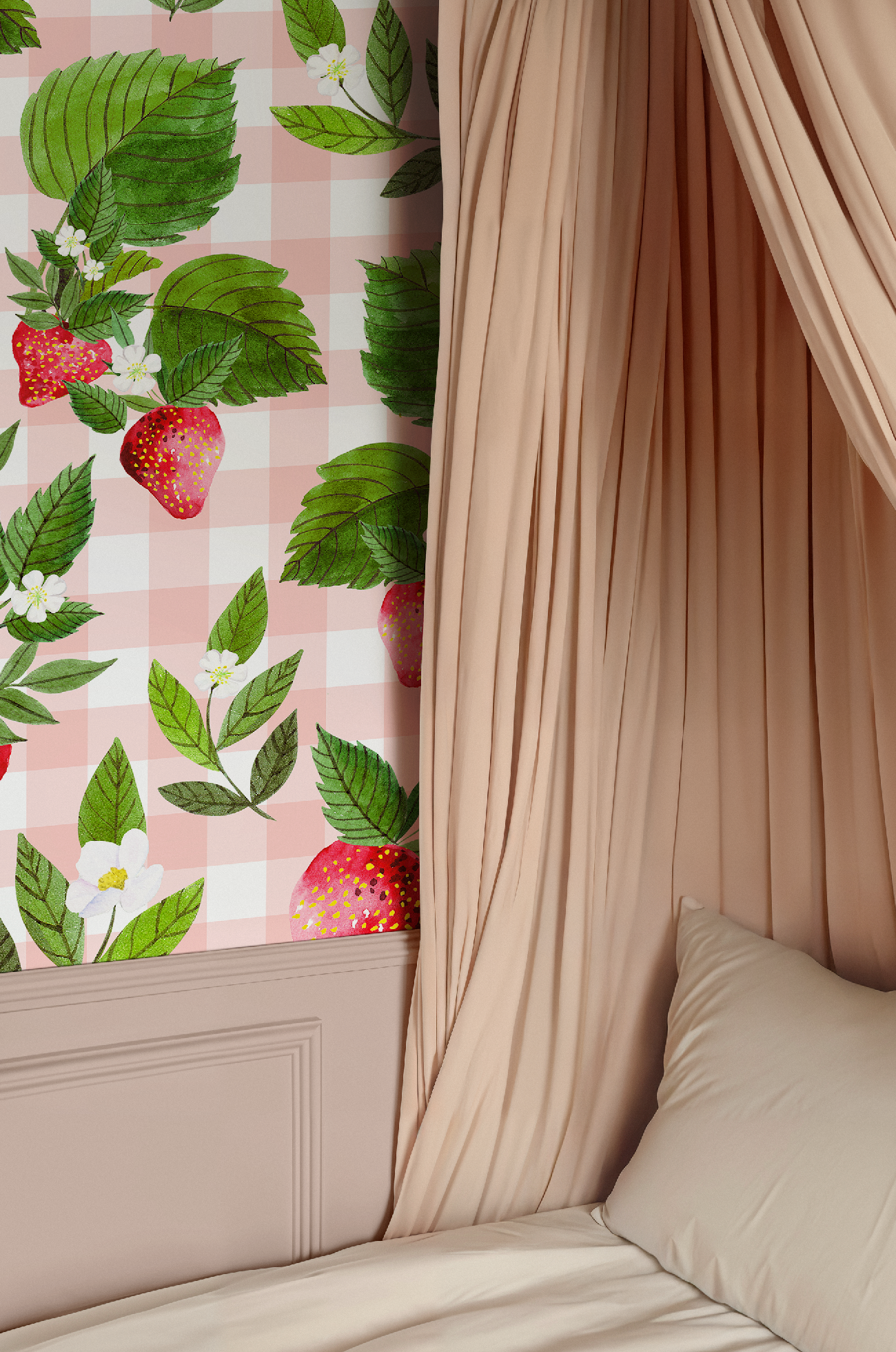 Strawberry Pink Gingham Floral Wallpaper - Large