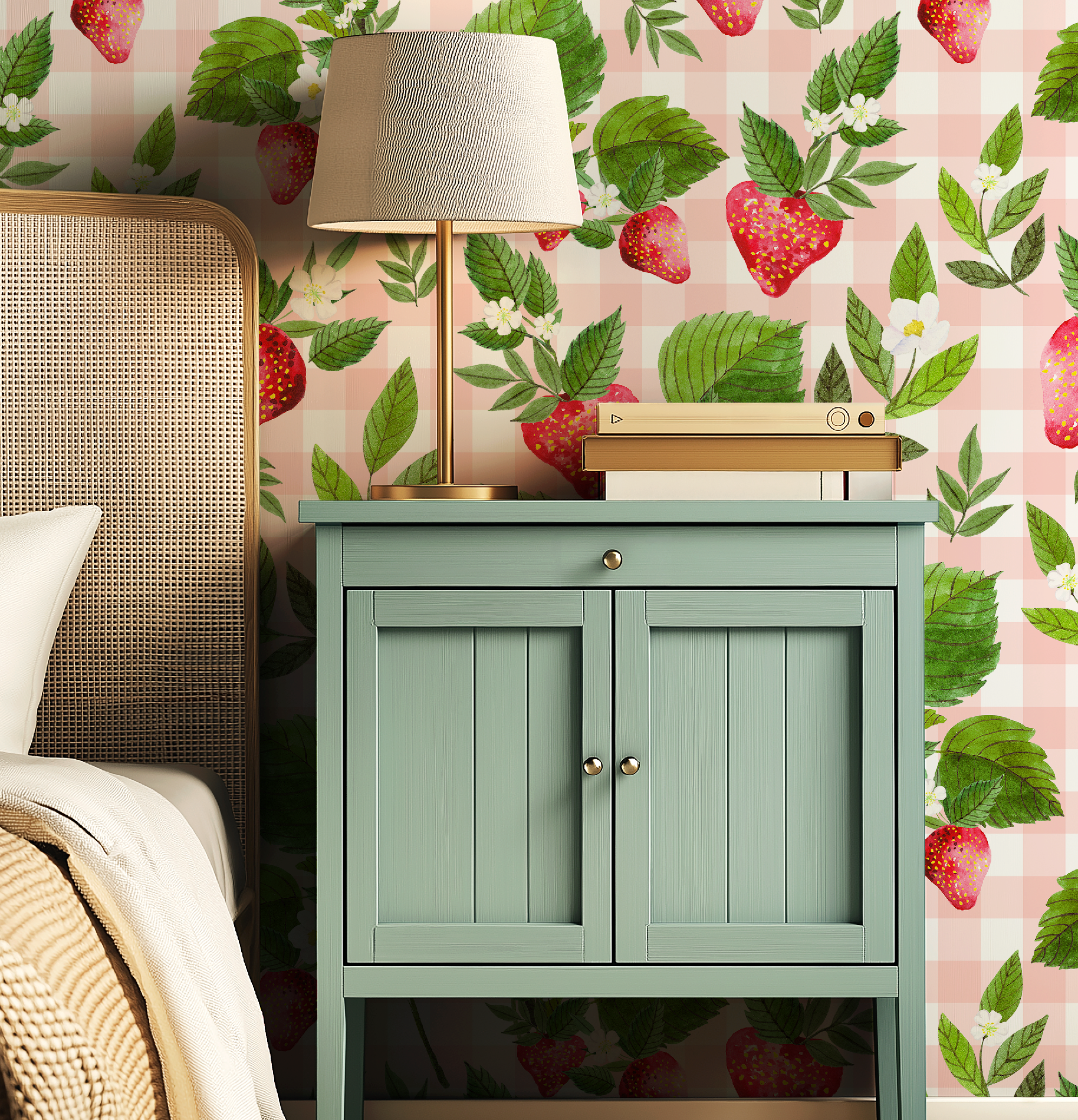 Strawberry Pink Gingham Floral Wallpaper - Large