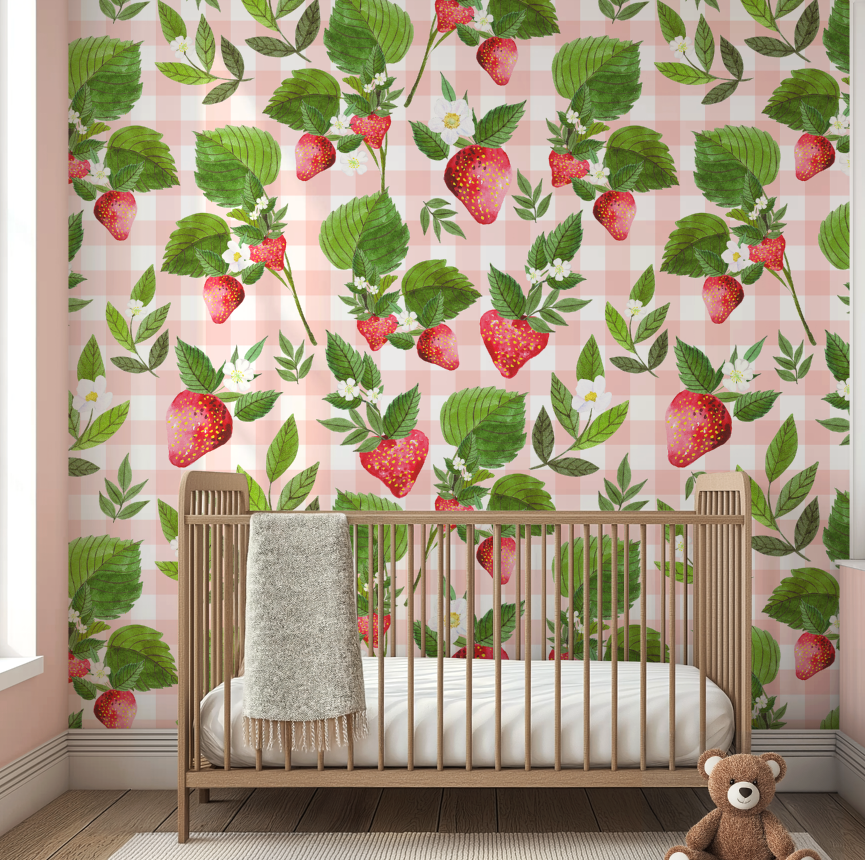 Strawberry Pink Gingham Floral Wallpaper - Large