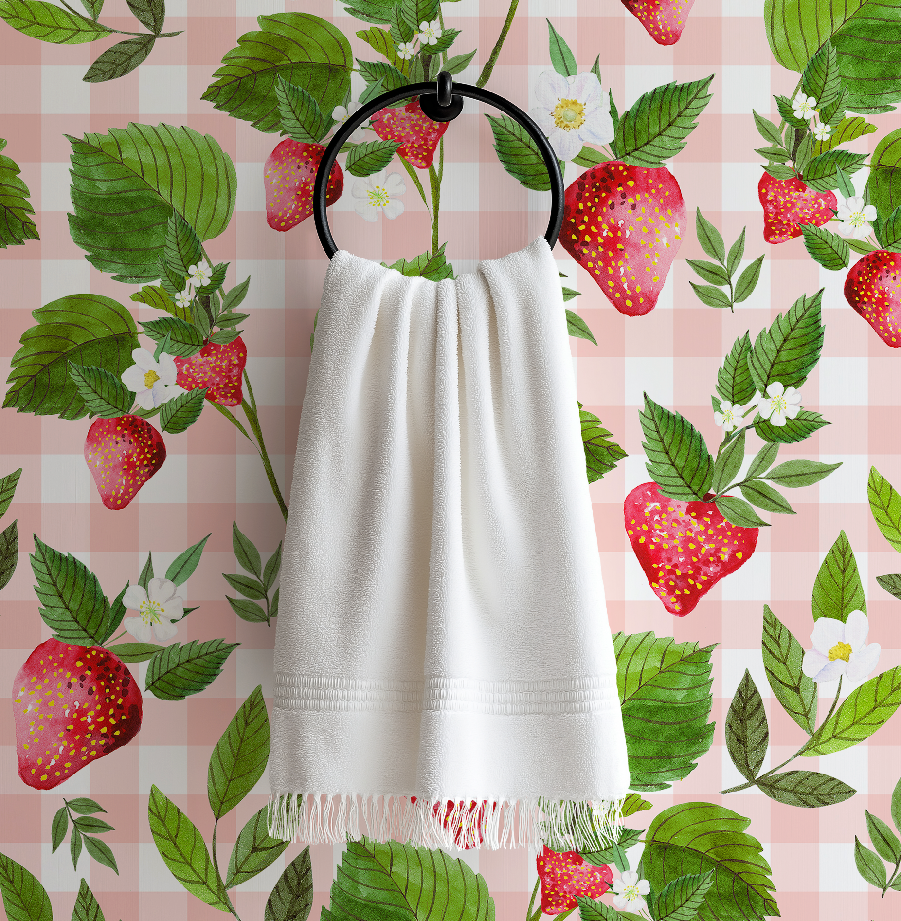 Strawberry Pink Gingham Floral Wallpaper - Large
