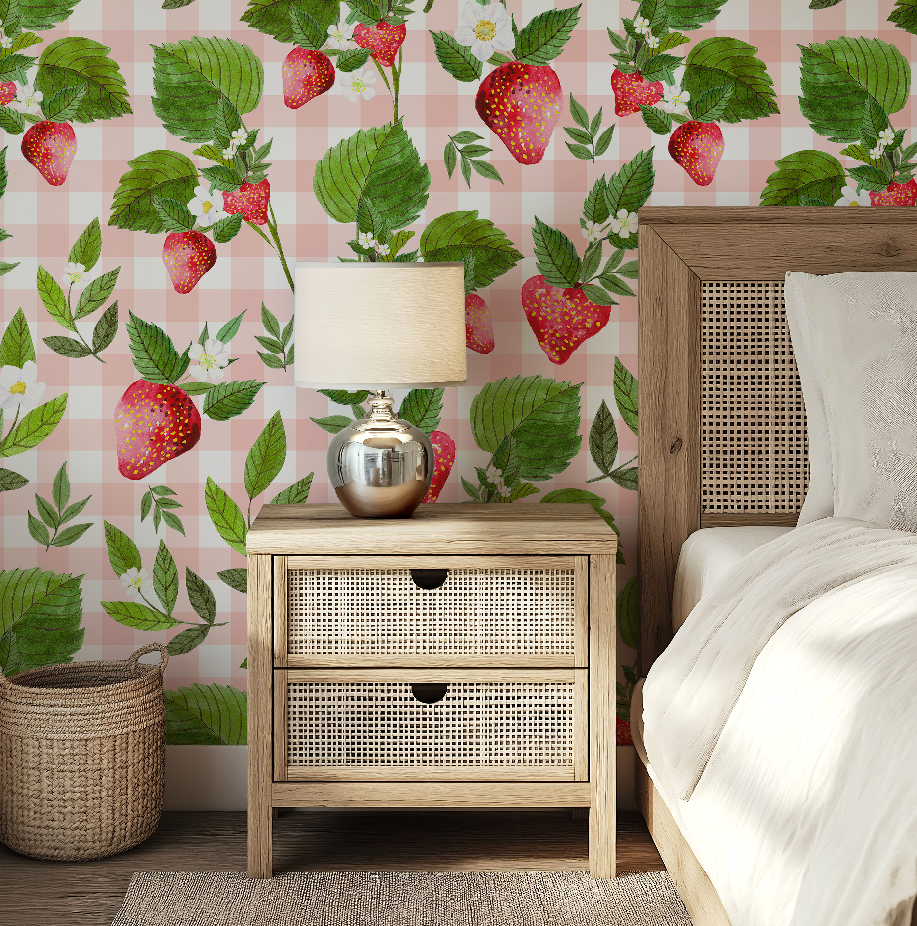 Strawberry Pink Gingham Floral Wallpaper - Large