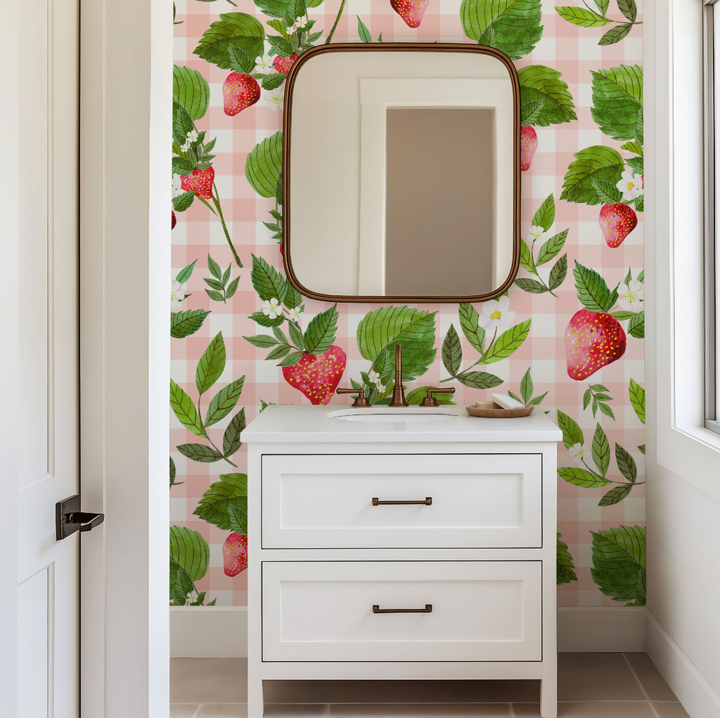 Strawberry Pink Gingham Floral Wallpaper - Large