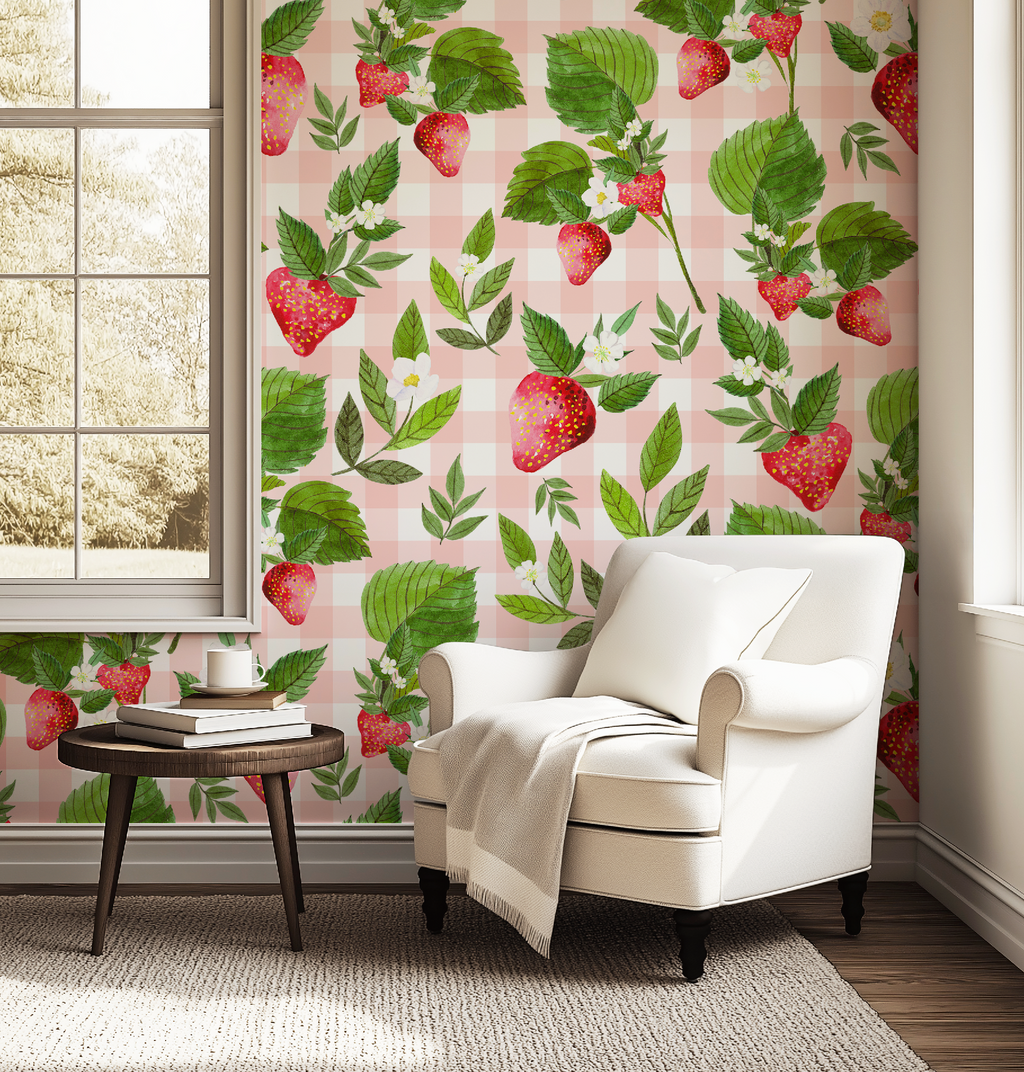 Strawberry Pink Gingham Floral Wallpaper - Large