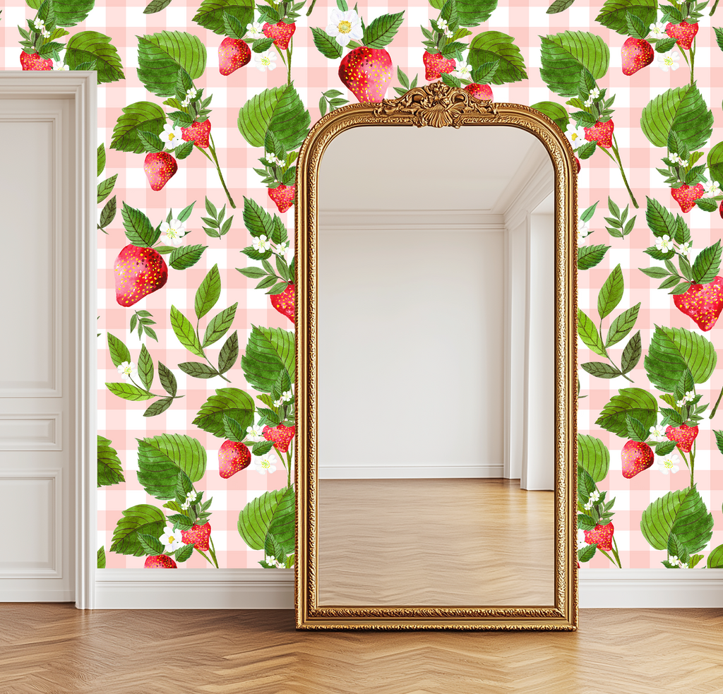 Strawberry Pink Gingham Floral Wallpaper - Large