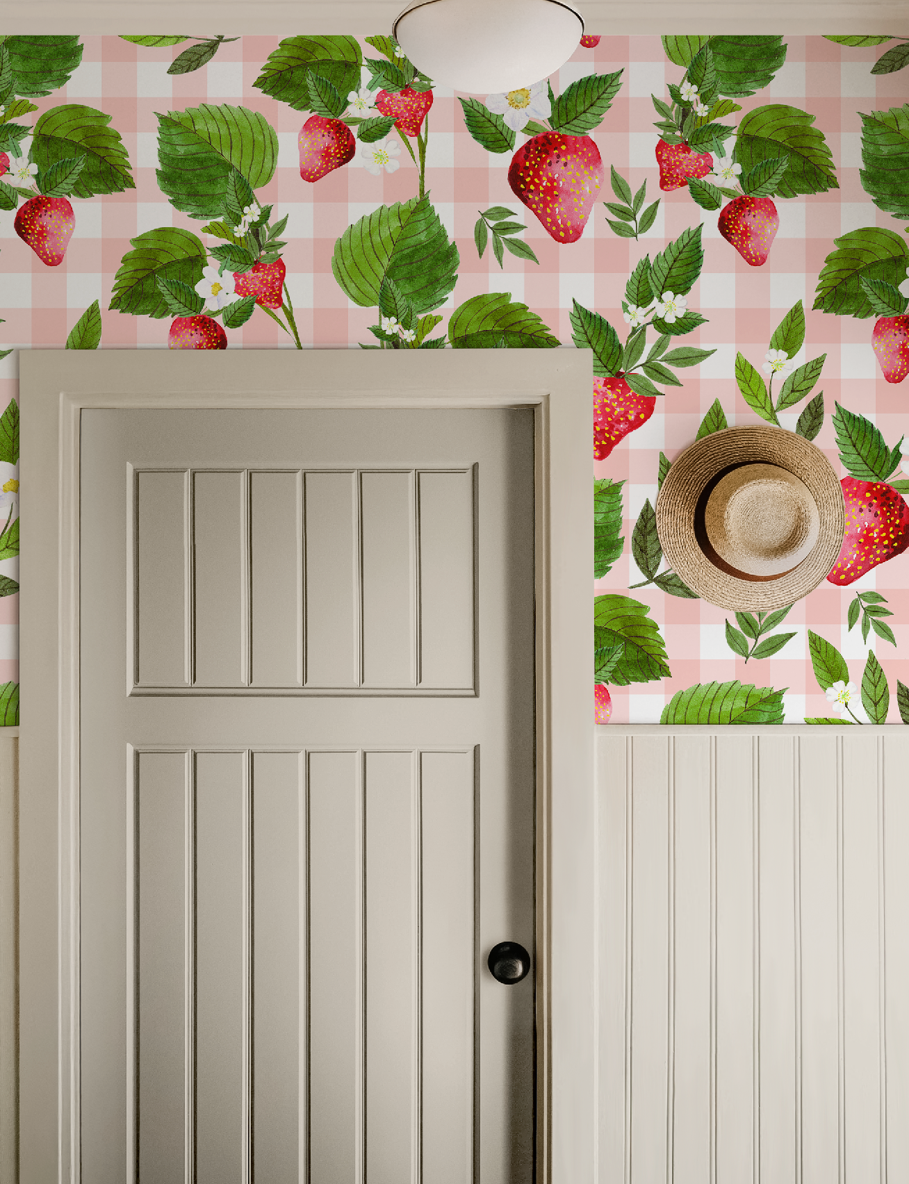 Strawberry Pink Gingham Floral Wallpaper - Large
