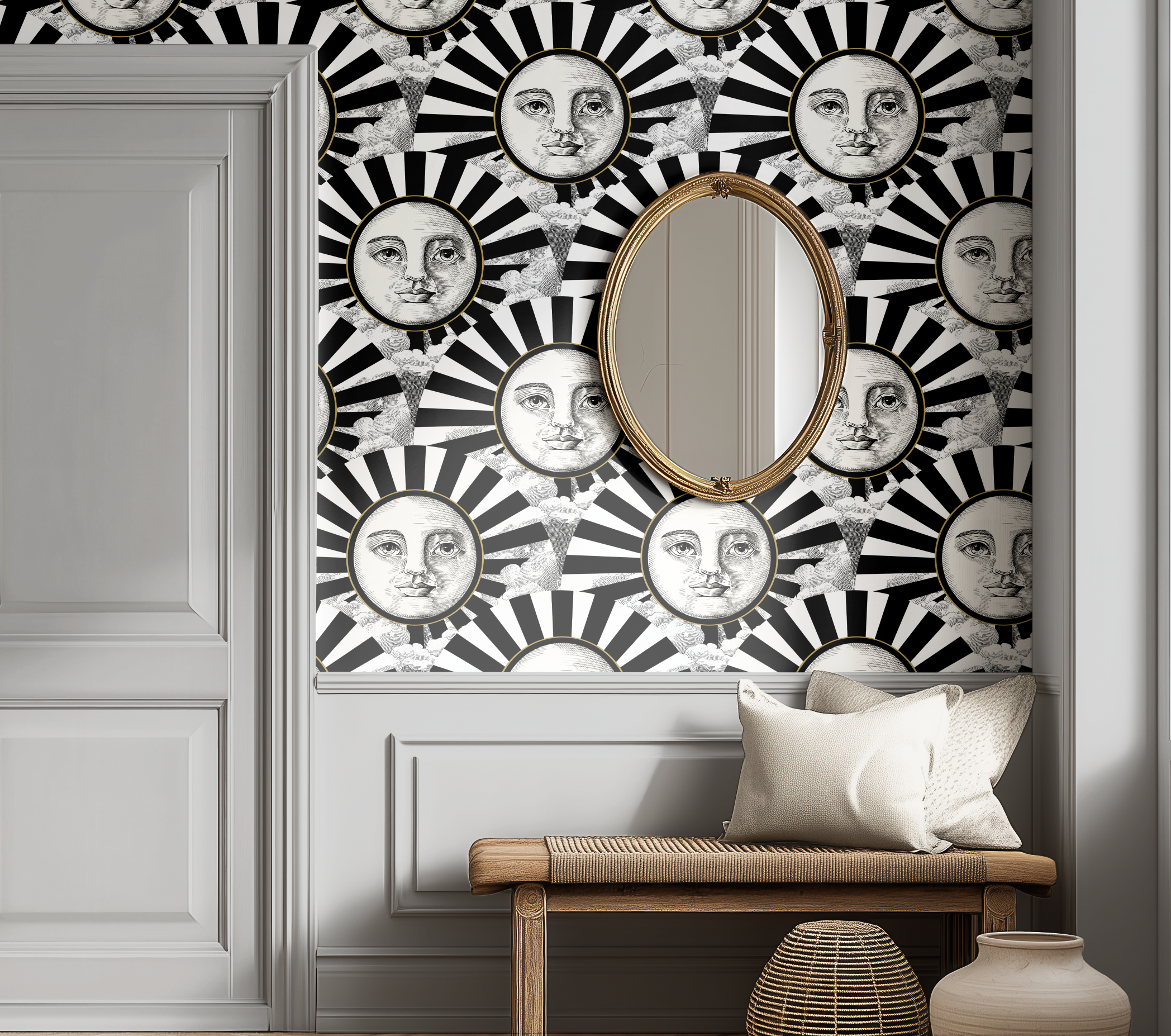 Vintage Black, White & Gold Sunshine Wallpaper - Retro Modern Bold Accent Wall Decor