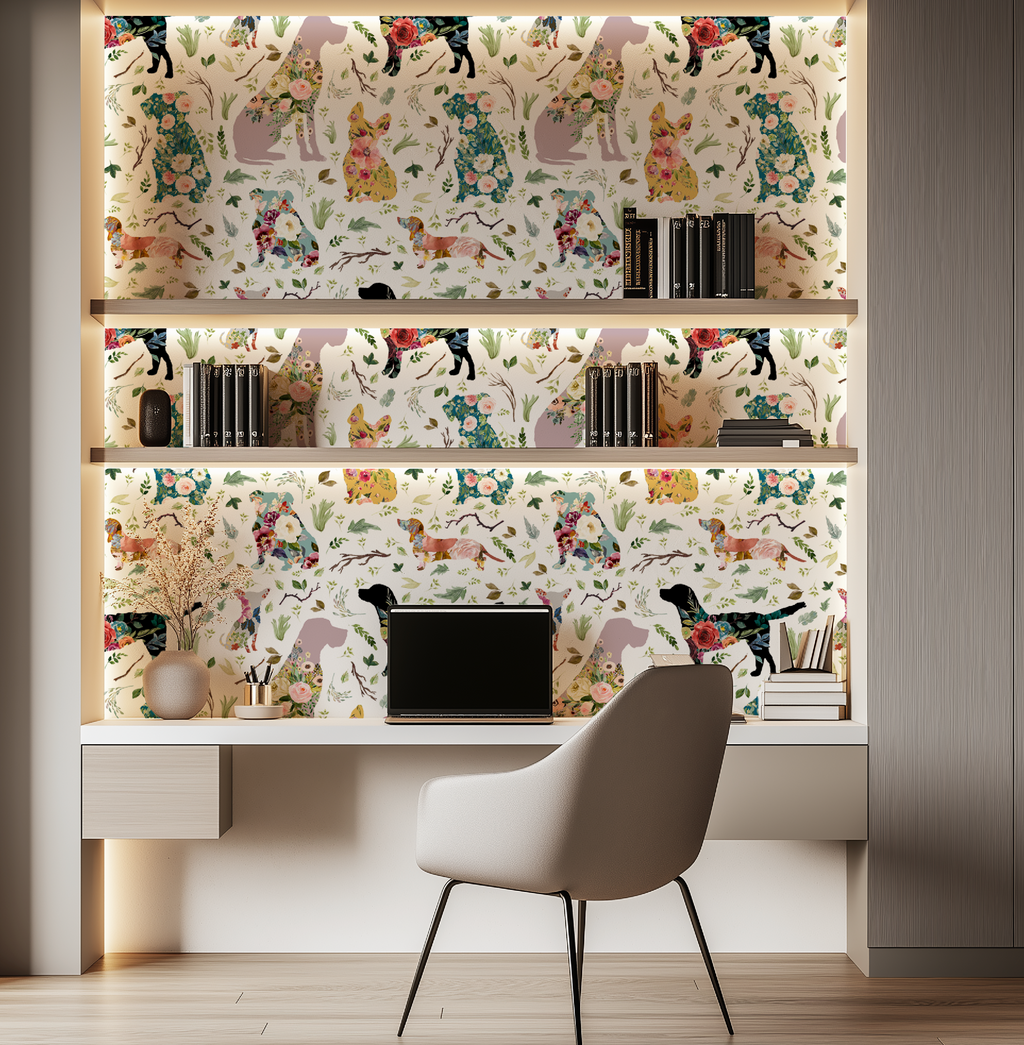 Whimsical Floral Dogs Patchwork Wallpaper