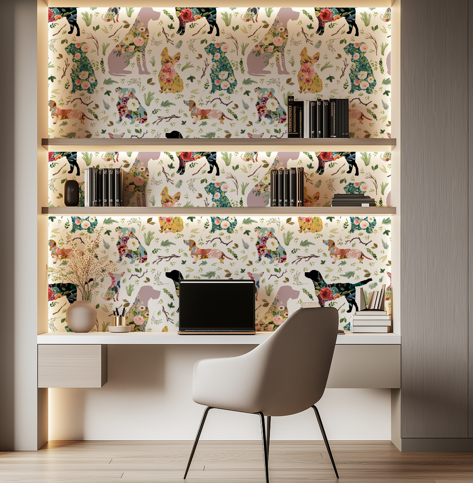 Whimsical Floral Dogs Patchwork Wallpaper