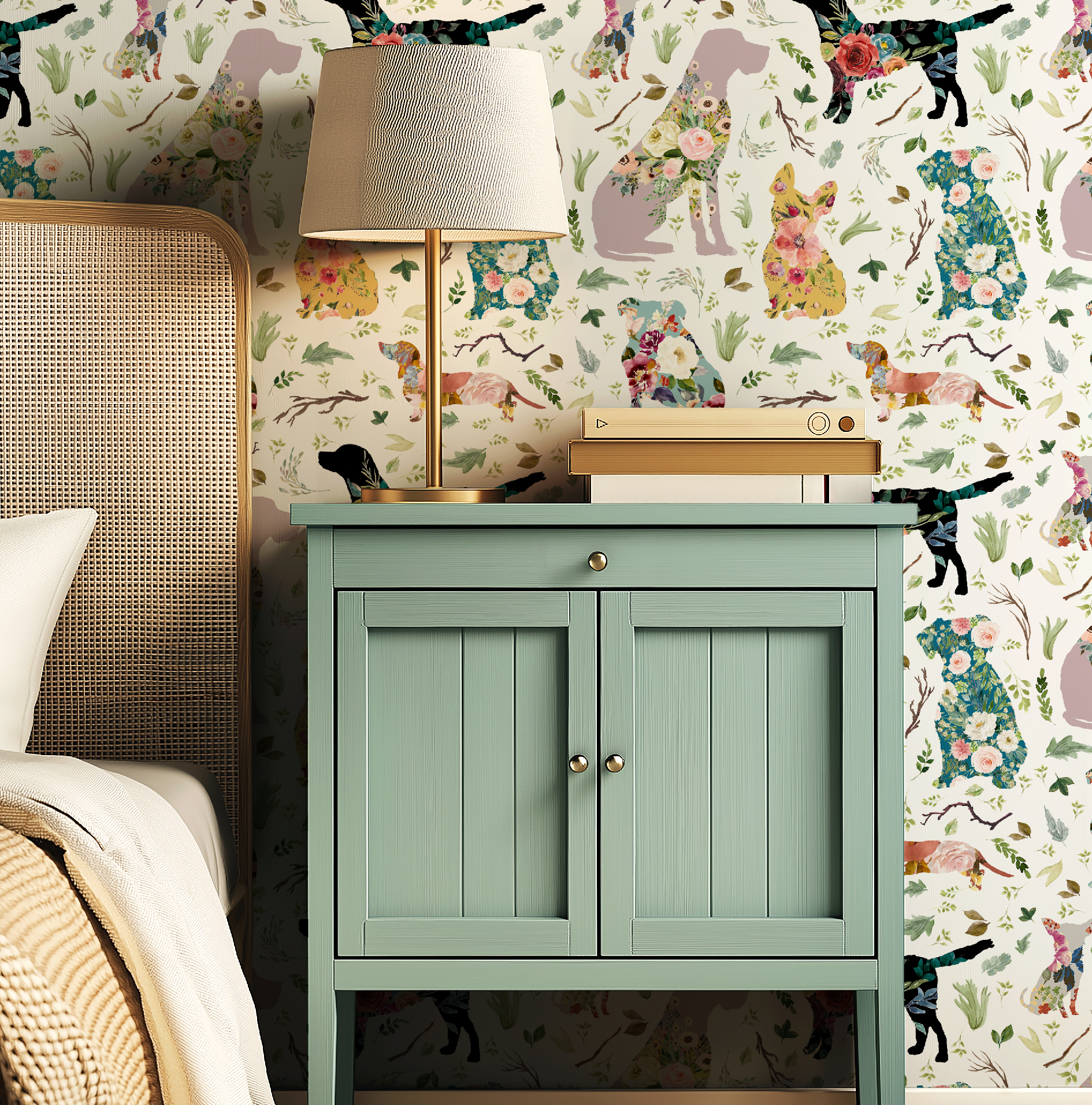 Whimsical Floral Dogs Patchwork Wallpaper