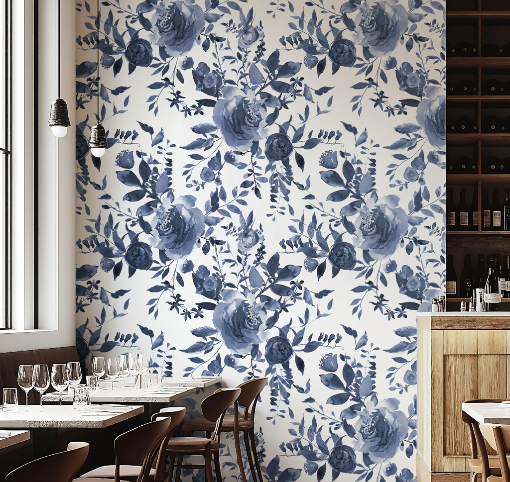 Indigo Blue Watercolor Floral Wallpaper