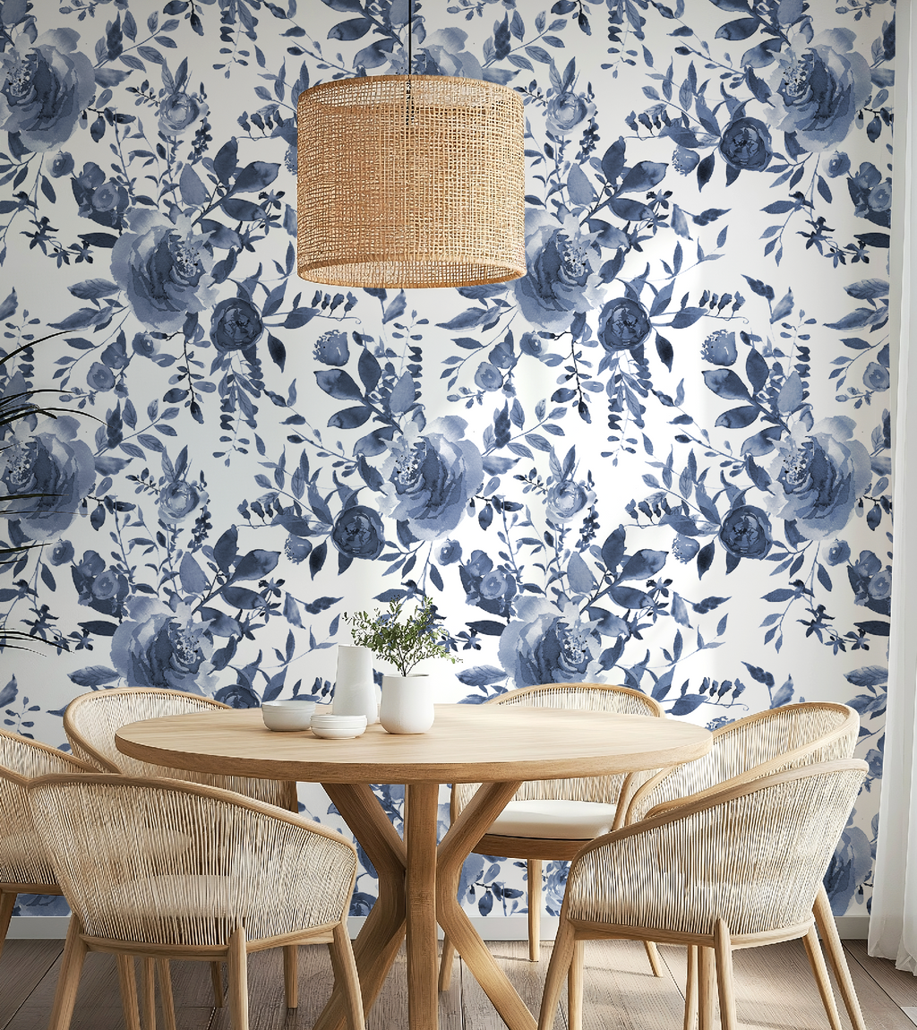 Indigo Blue Watercolor Floral Wallpaper