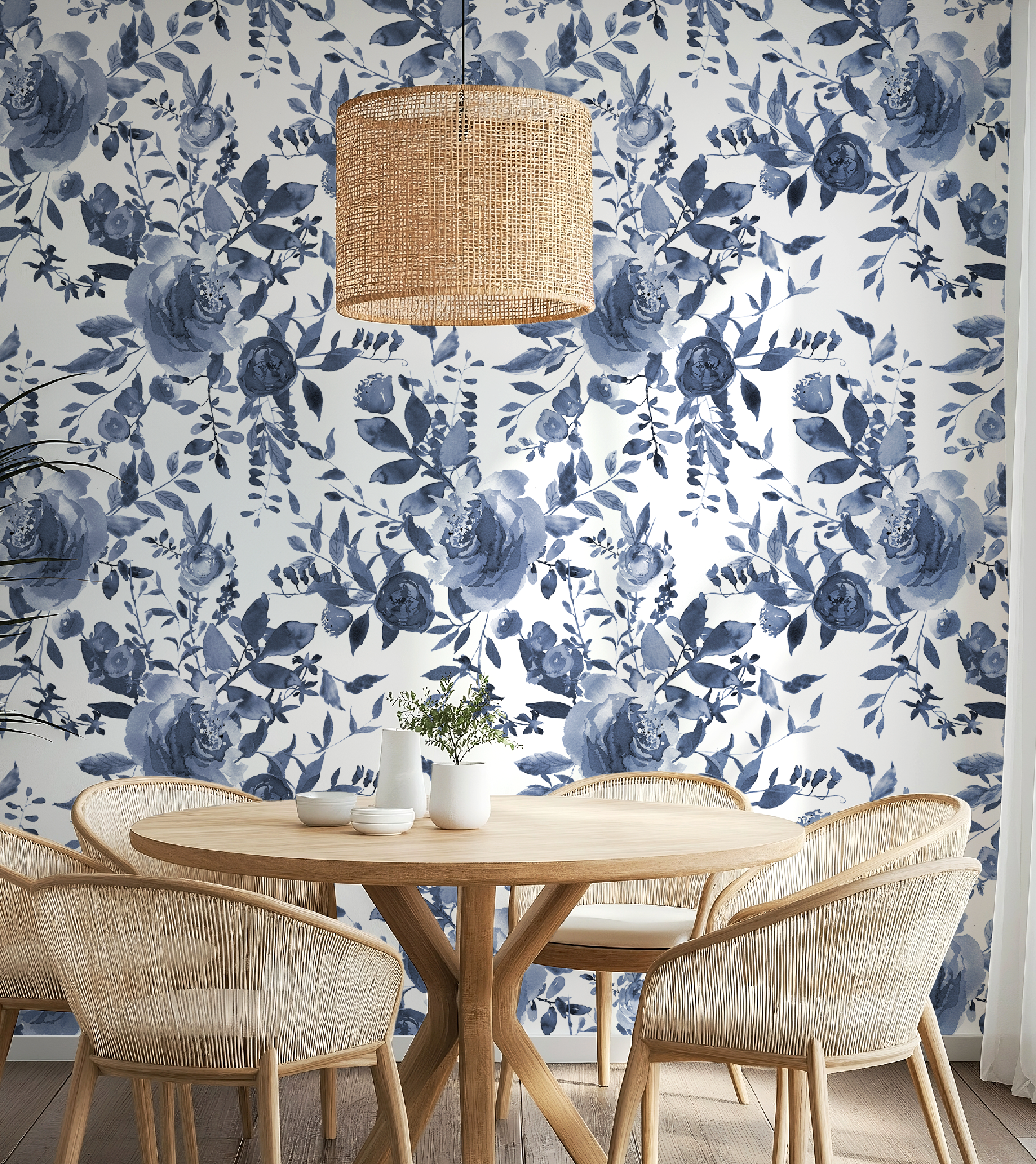 Indigo Blue Watercolor Floral Wallpaper