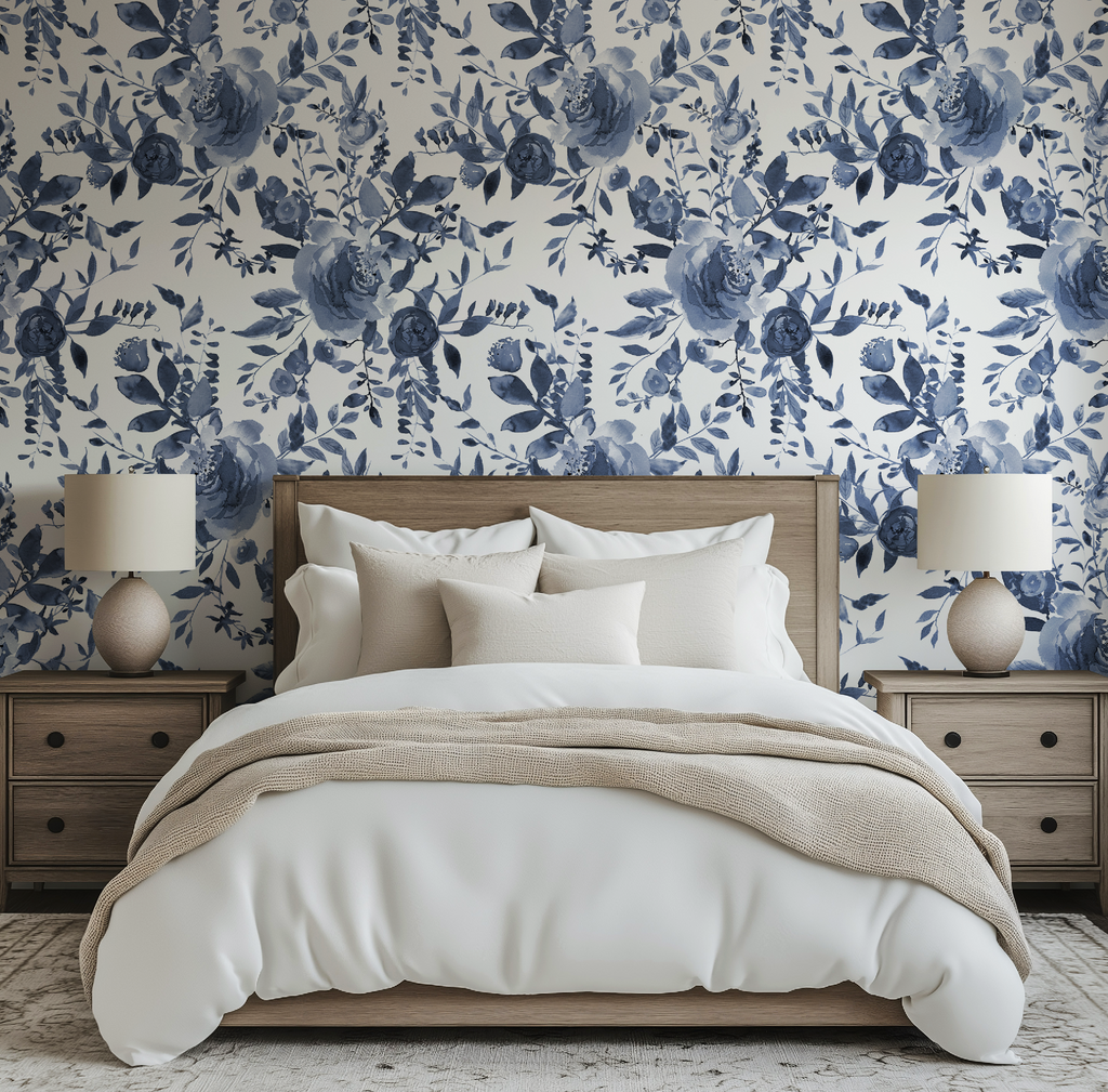 Indigo Blue Watercolor Floral Wallpaper