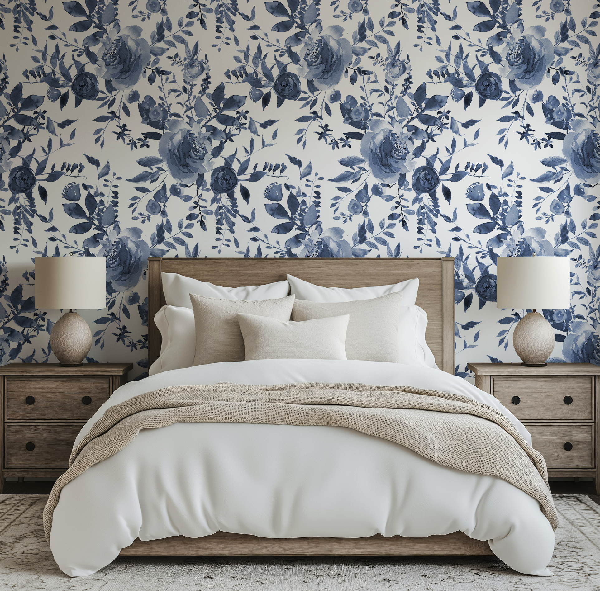 Indigo Blue Watercolor Floral Wallpaper