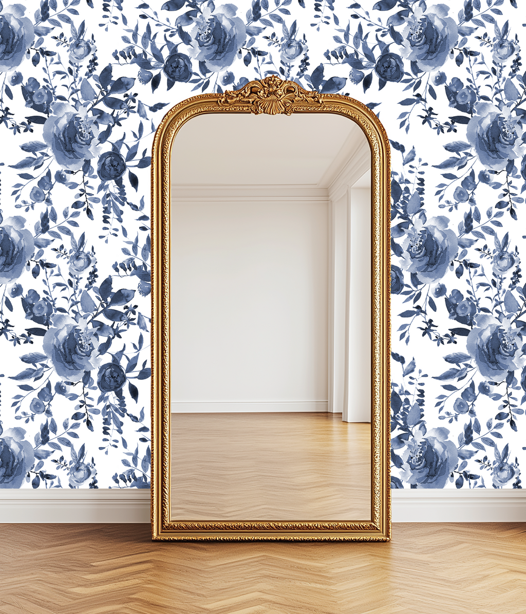 Indigo Blue Watercolor Floral Wallpaper