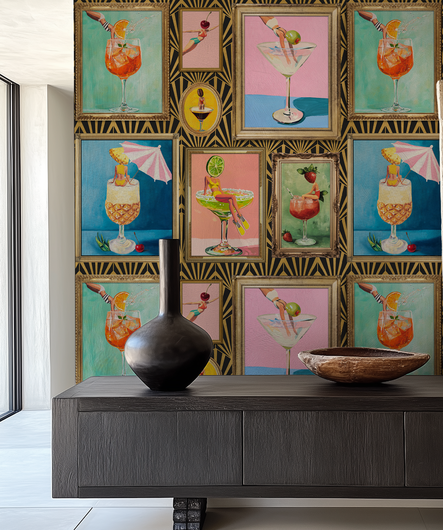Mid-Century Retro Bar Cocktail Wallpaper: Peel & Stick or Traditional Large Print for Lounge Decor