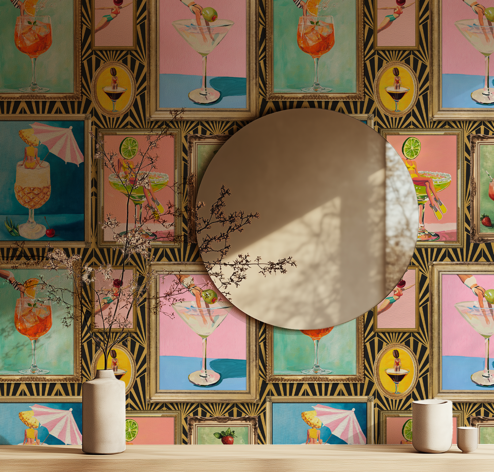 Mid-Century Retro Bar Cocktail Wallpaper: Peel & Stick or Traditional Large Print for Lounge Decor