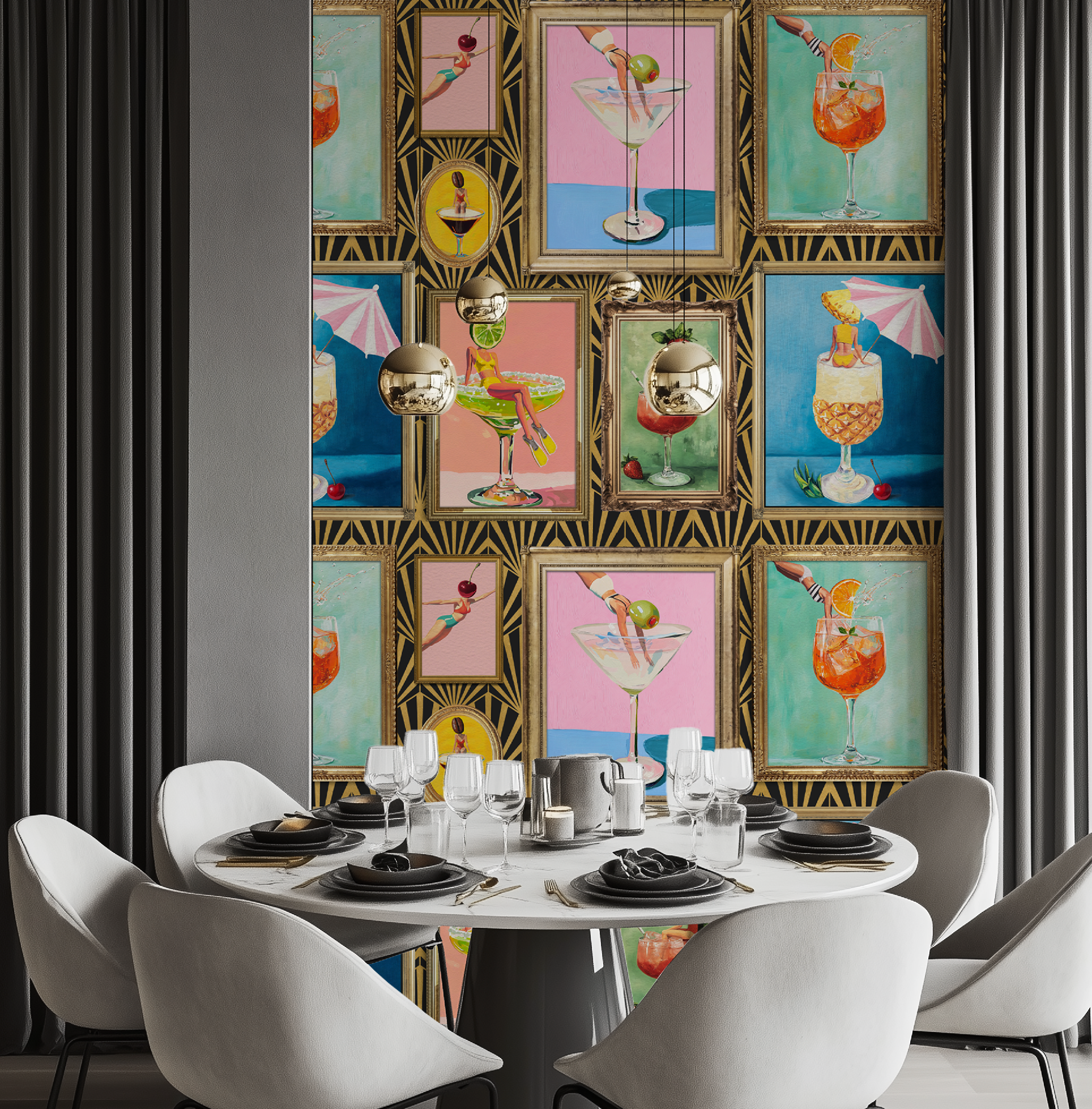 Mid-Century Retro Bar Cocktail Wallpaper: Peel & Stick or Traditional Large Print for Lounge Decor
