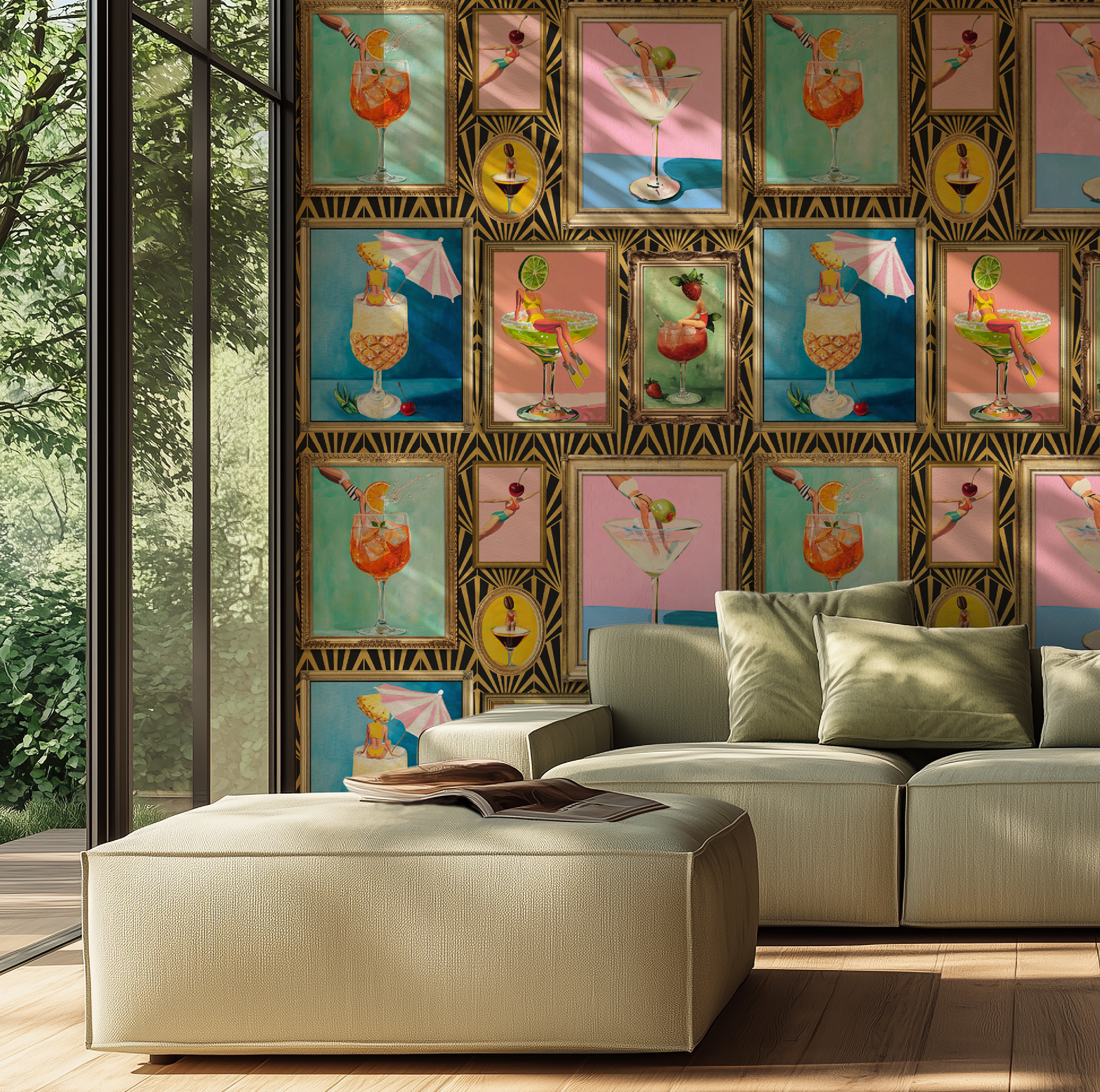 Mid-Century Retro Bar Cocktail Wallpaper: Peel & Stick or Traditional Large Print for Lounge Decor