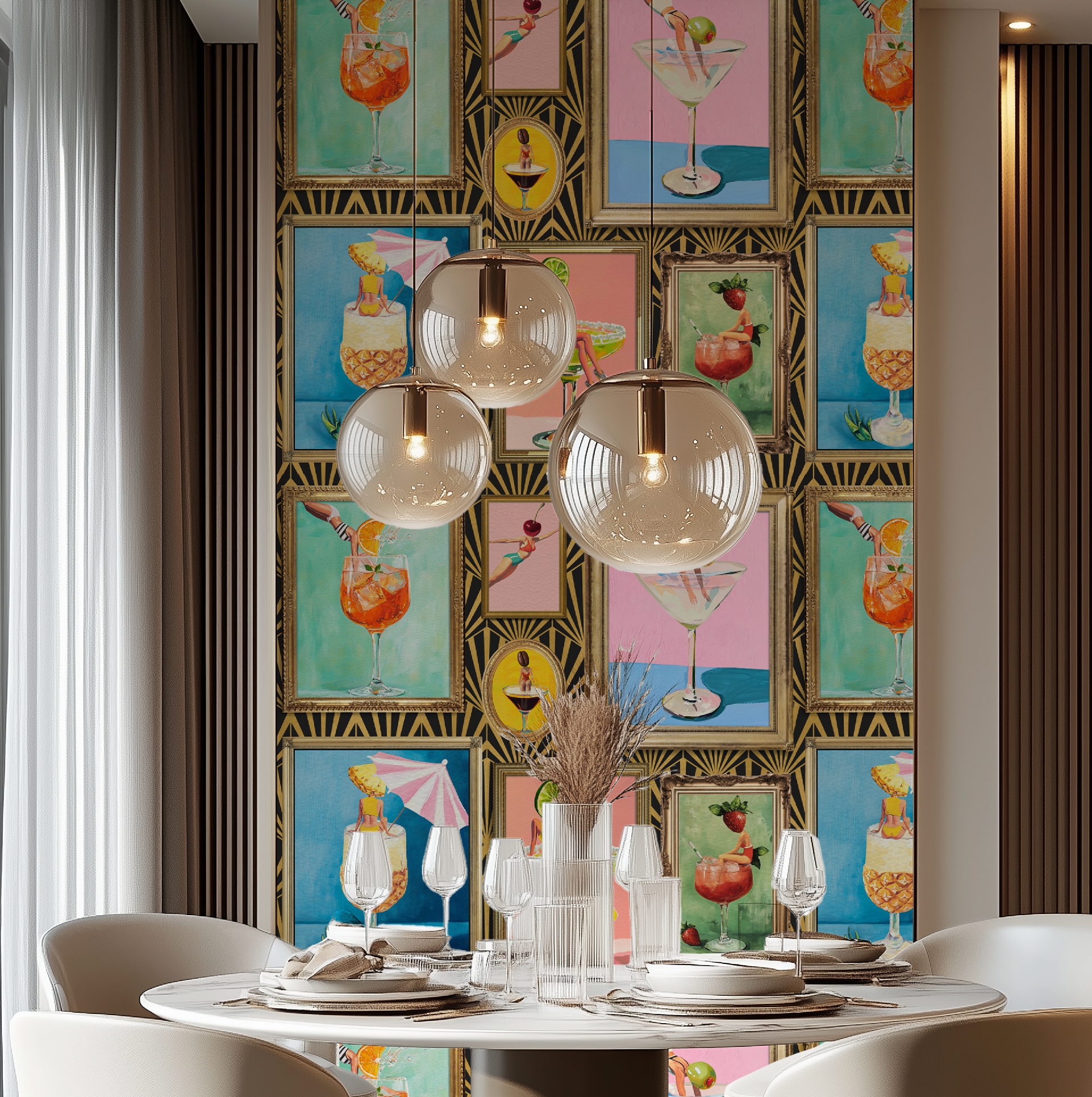 Mid-Century Retro Bar Cocktail Wallpaper: Peel & Stick or Traditional Large Print for Lounge Decor