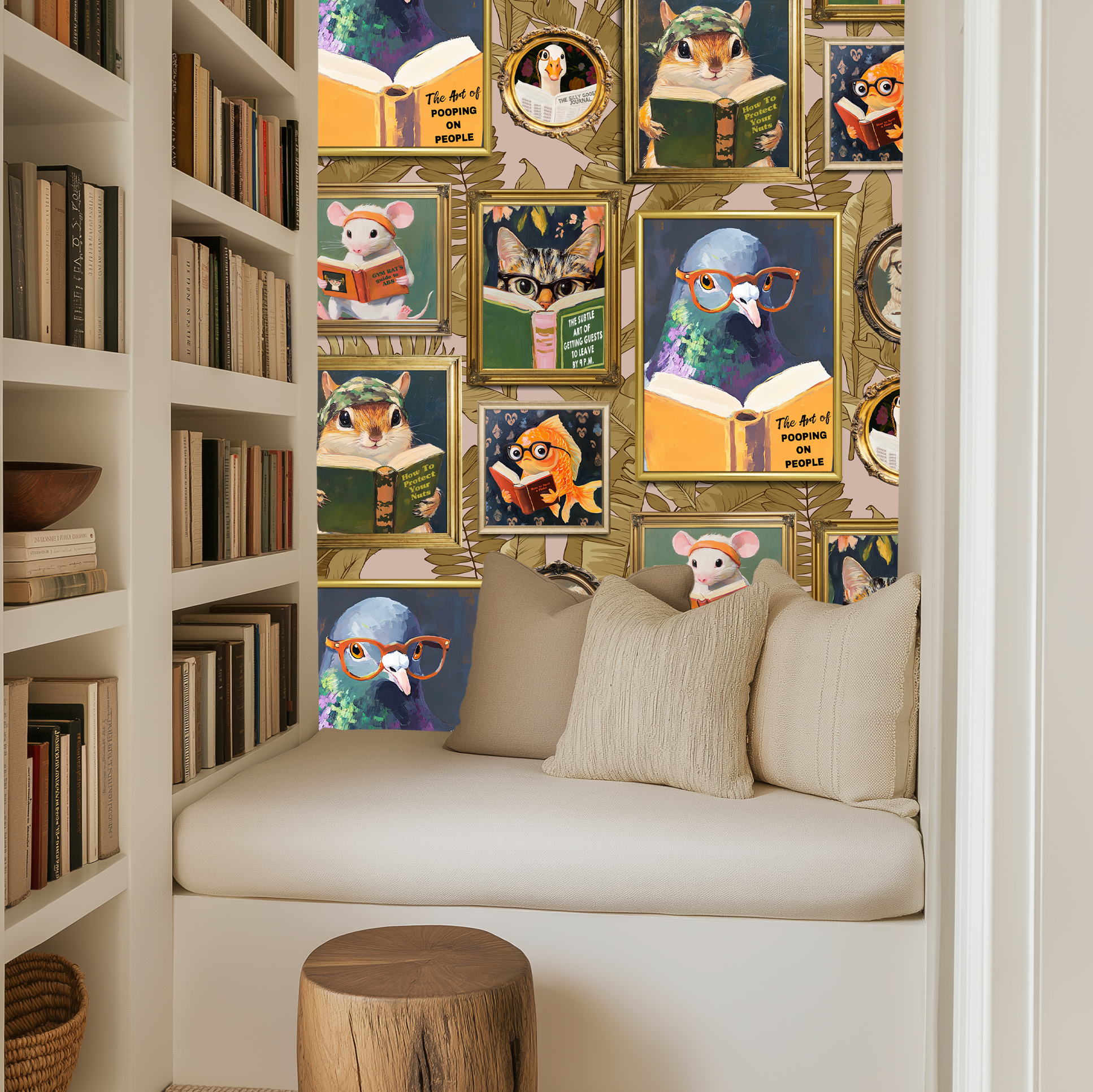 Whimsical Animal Reading Wallpaper - Peel and Stick Mural for Bathroom, Office, Playroom Decor