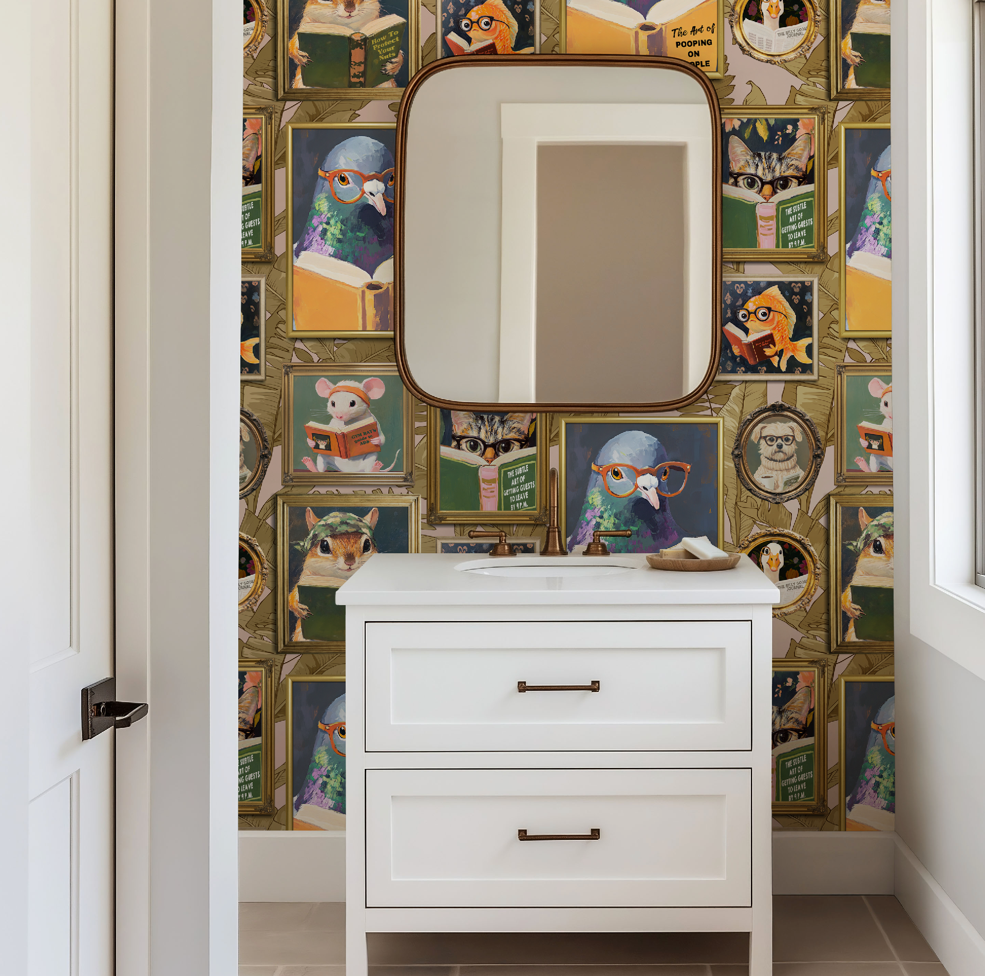 Whimsical Animal Reading Wallpaper - Peel and Stick Mural for Bathroom, Office, Playroom Decor