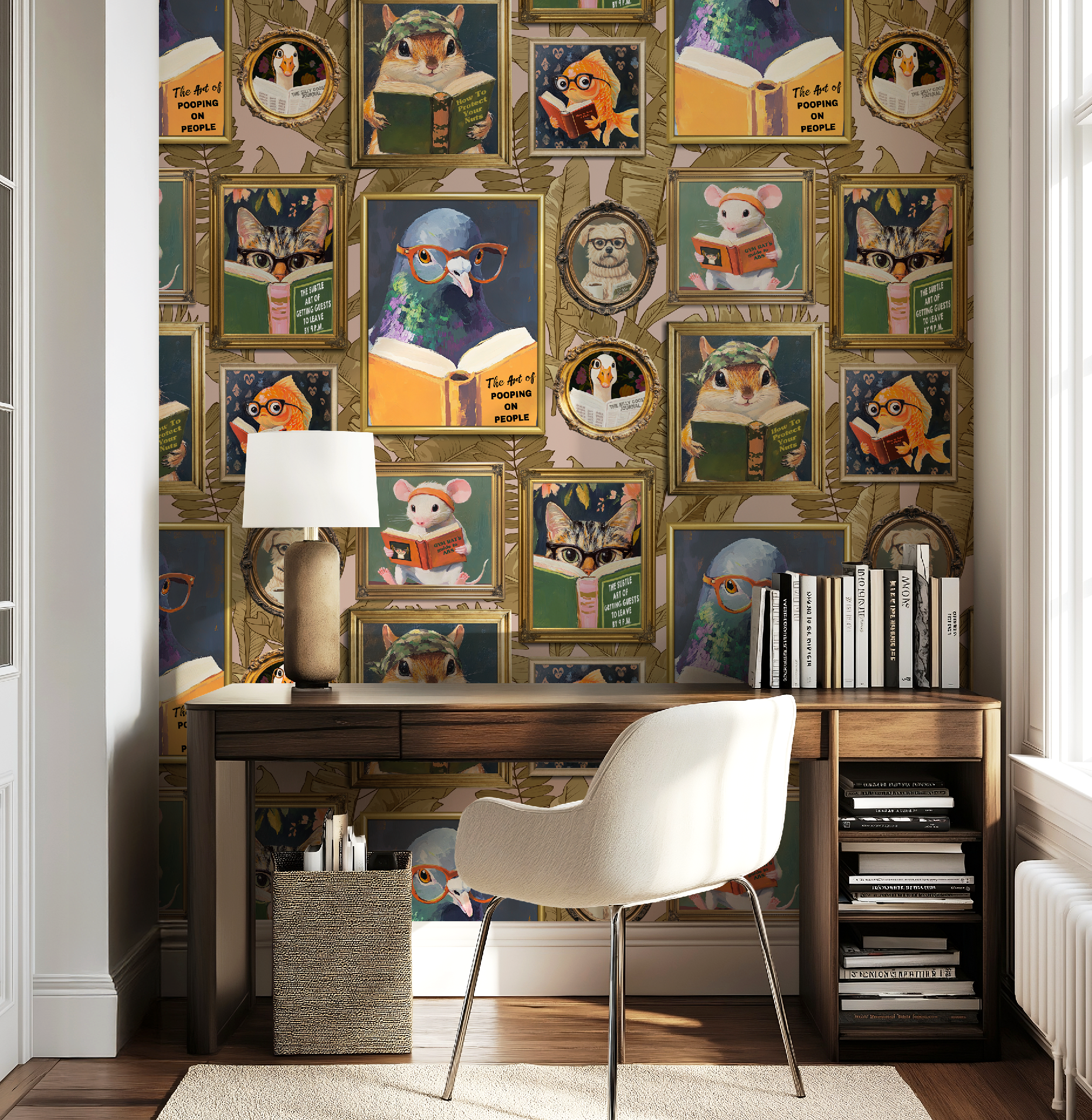 Whimsical Animal Reading Wallpaper - Peel and Stick Mural for Bathroom, Office, Playroom Decor