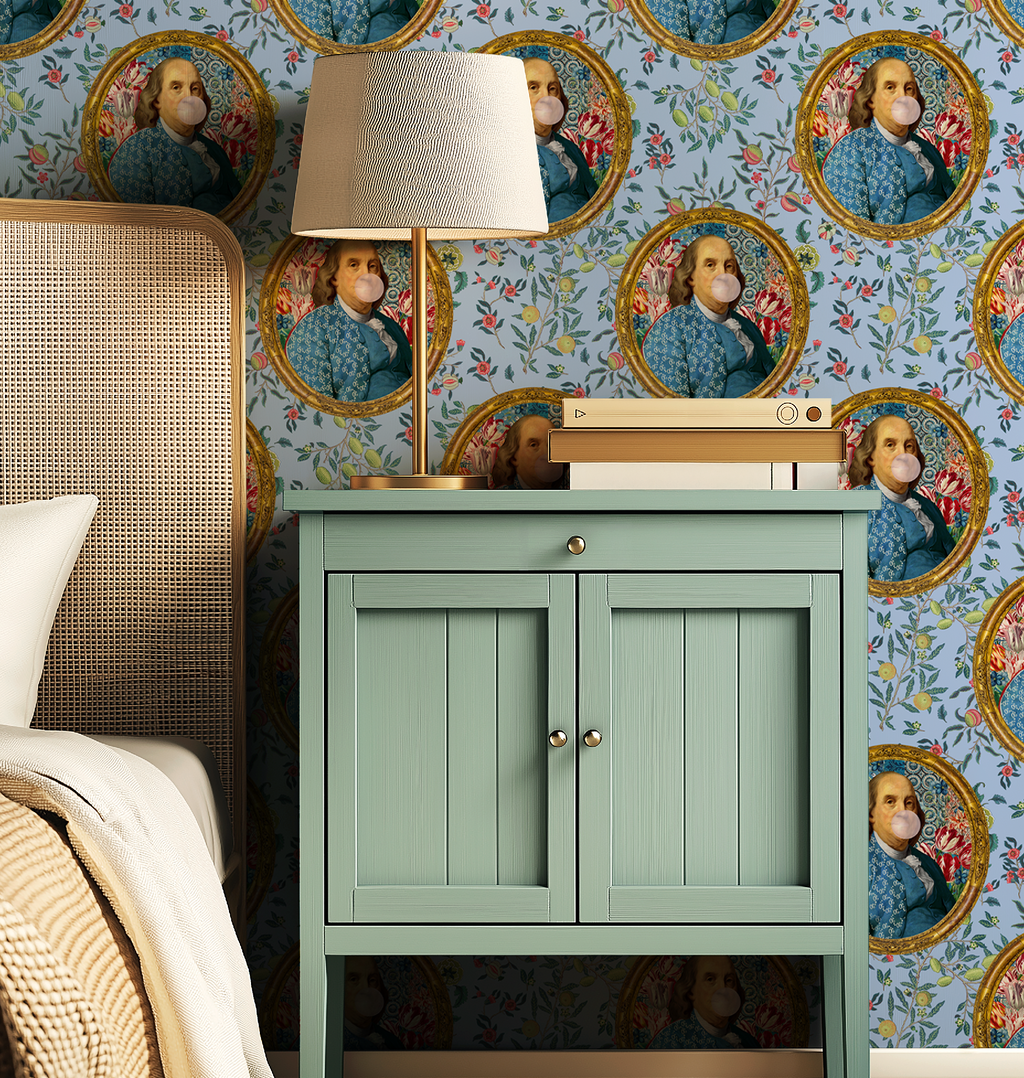 Benjamin Franklin Bubble Gum Funny Wallpaper | Peel and Stick or Traditional | Bathroom Accent Wall