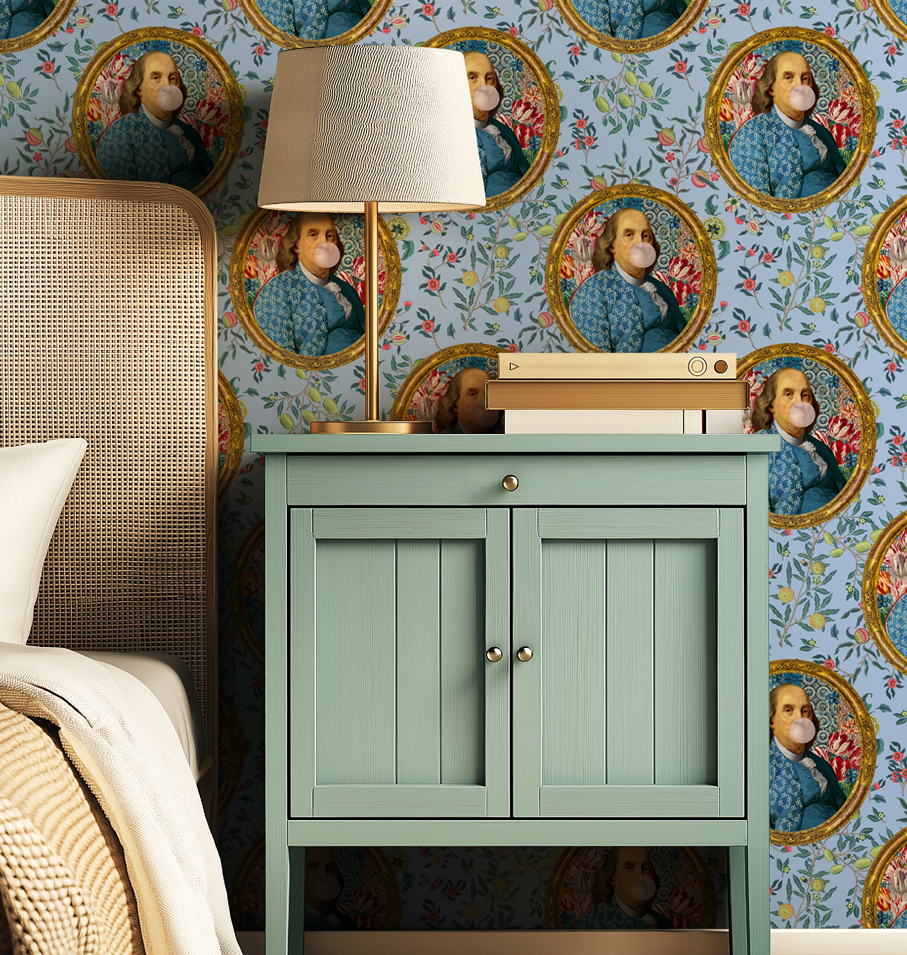Benjamin Franklin Bubble Gum Funny Wallpaper | Peel and Stick or Traditional | Bathroom Accent Wall